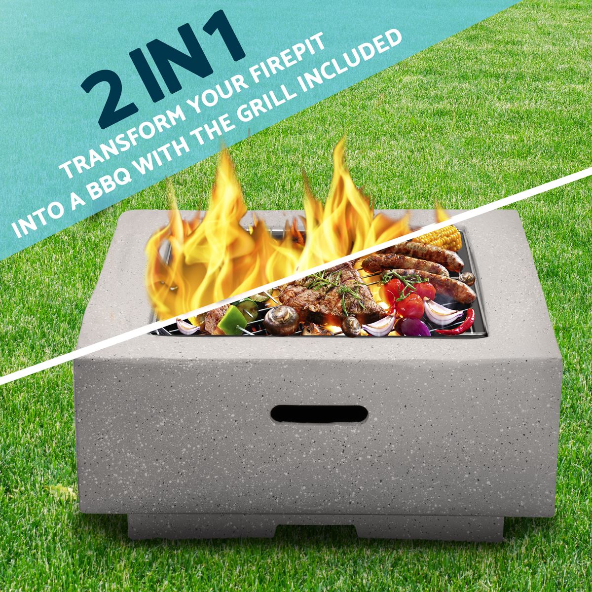 Dellonda Square MgO Fire Pit with BBQ Grill For Wood Charcoal Light Grey DG192