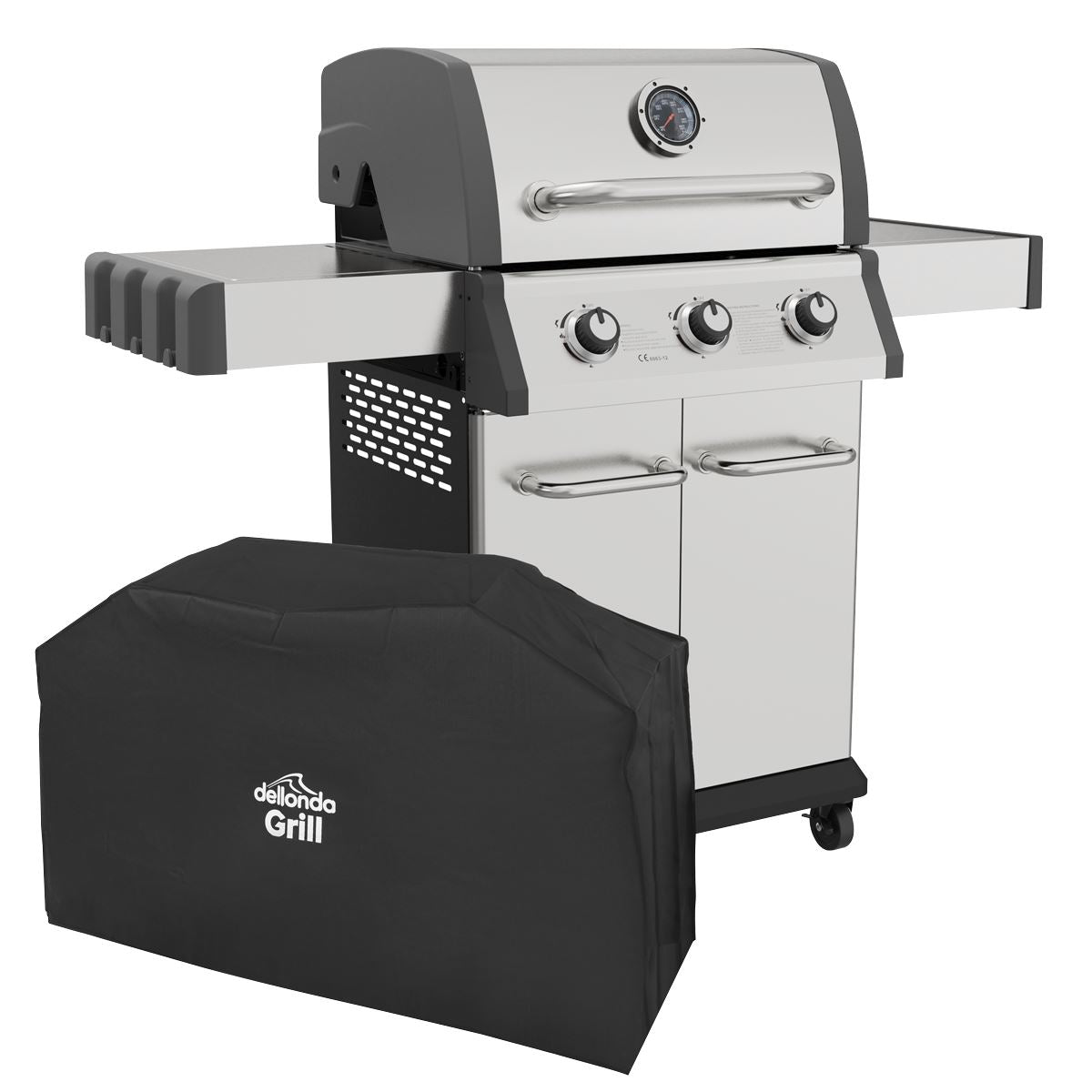 Sealey Dellonda 3 Burner Deluxe Gas BBQ Grill with Piezo Ignition & Thermometer & Cover - Stainless Steel DG230