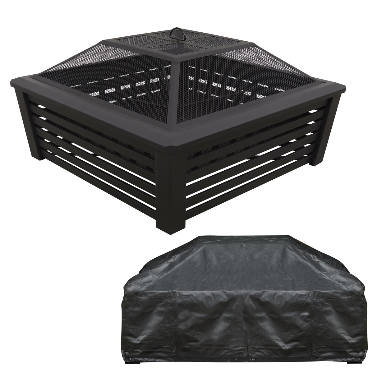 Sealey Dellonda 35" Square Outdoor Fire Pit, Mesh Screen Lid, Black with Water Resistant Drawstring Cover DG238