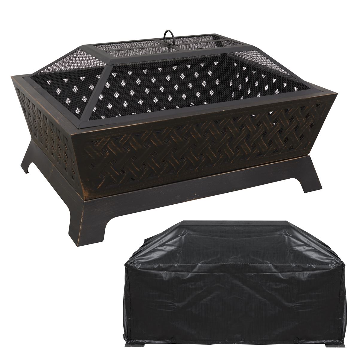 Sealey Dellonda 35" Rectangular Outdoor Fire Pit, Antique Bronze Effect, Supplied with Water-Resistant Drawstring Cover DG239