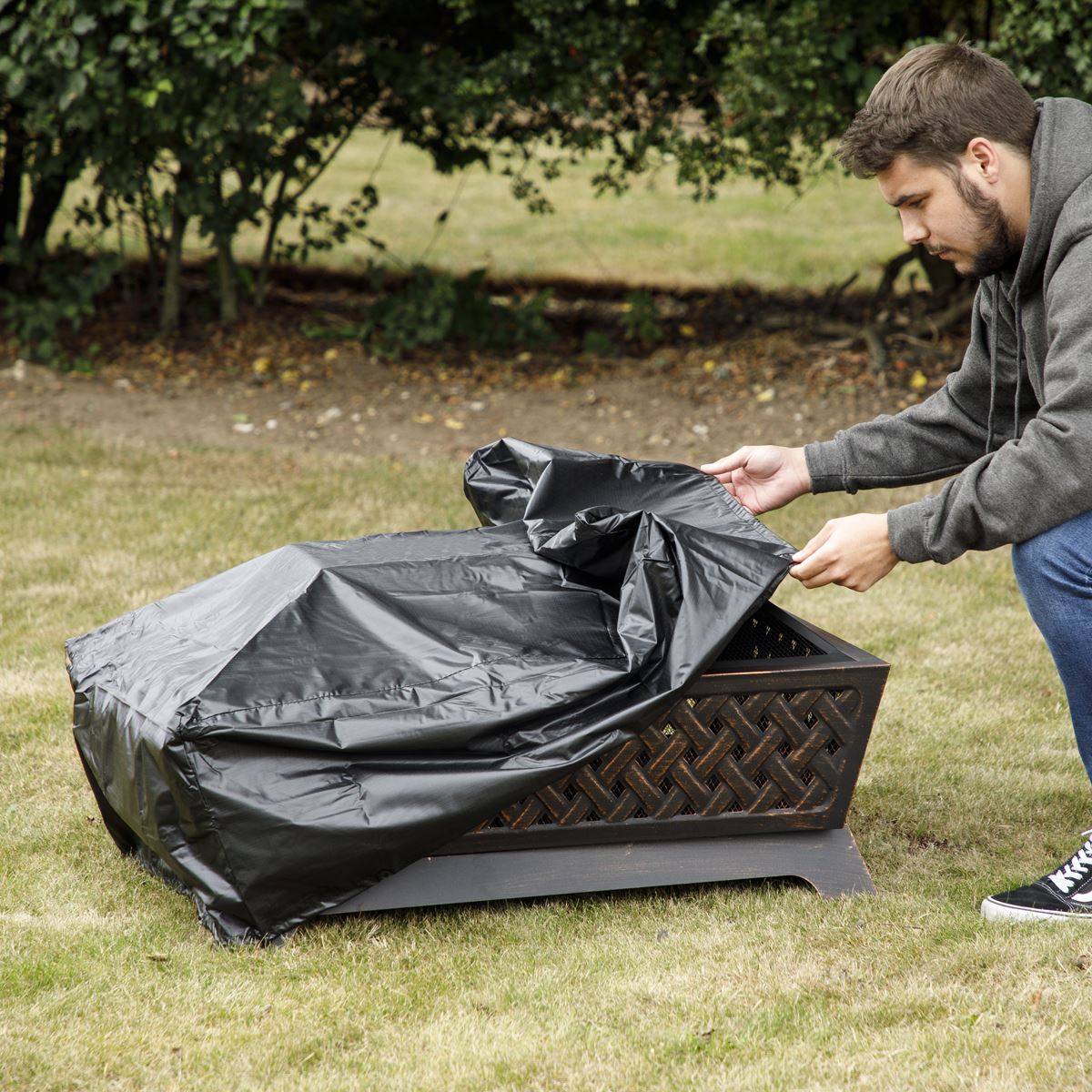 Sealey Dellonda 35" Rectangular Outdoor Fire Pit, Antique Bronze Effect, Supplied with Water-Resistant Drawstring Cover DG239