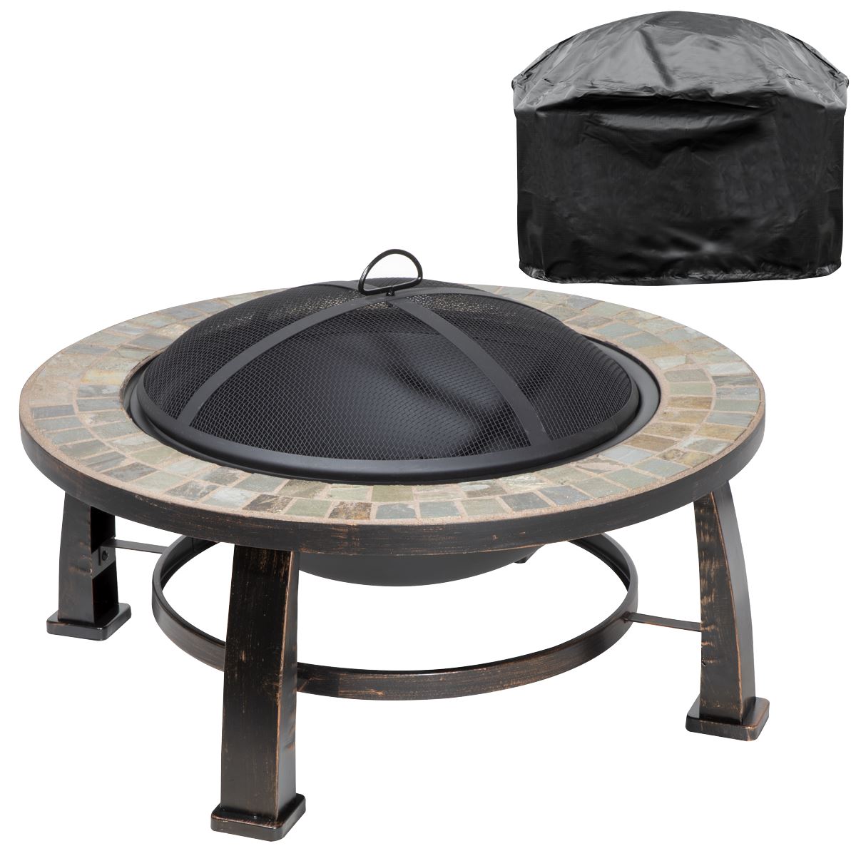 Sealey Dellonda 30" Deluxe Traditional Style Fire Pit, Fireplace, Outdoor Heater with Fire Poker , Safety Mesh Screen & Drawstring Cover - Slate Top DG240