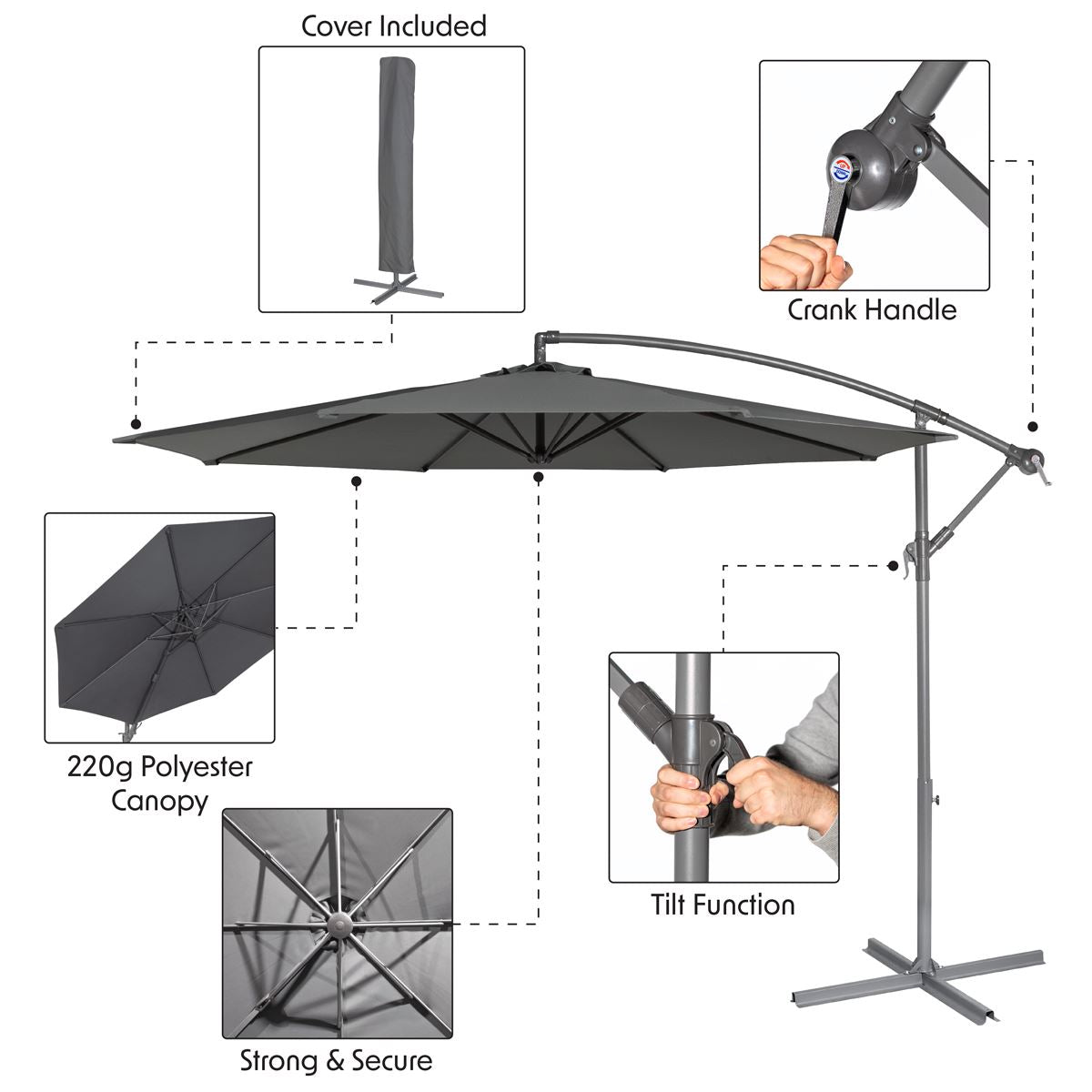 Dellonda 3m Banana Parasol Umbrella Garden Patio With Crank Handle Grey DG264