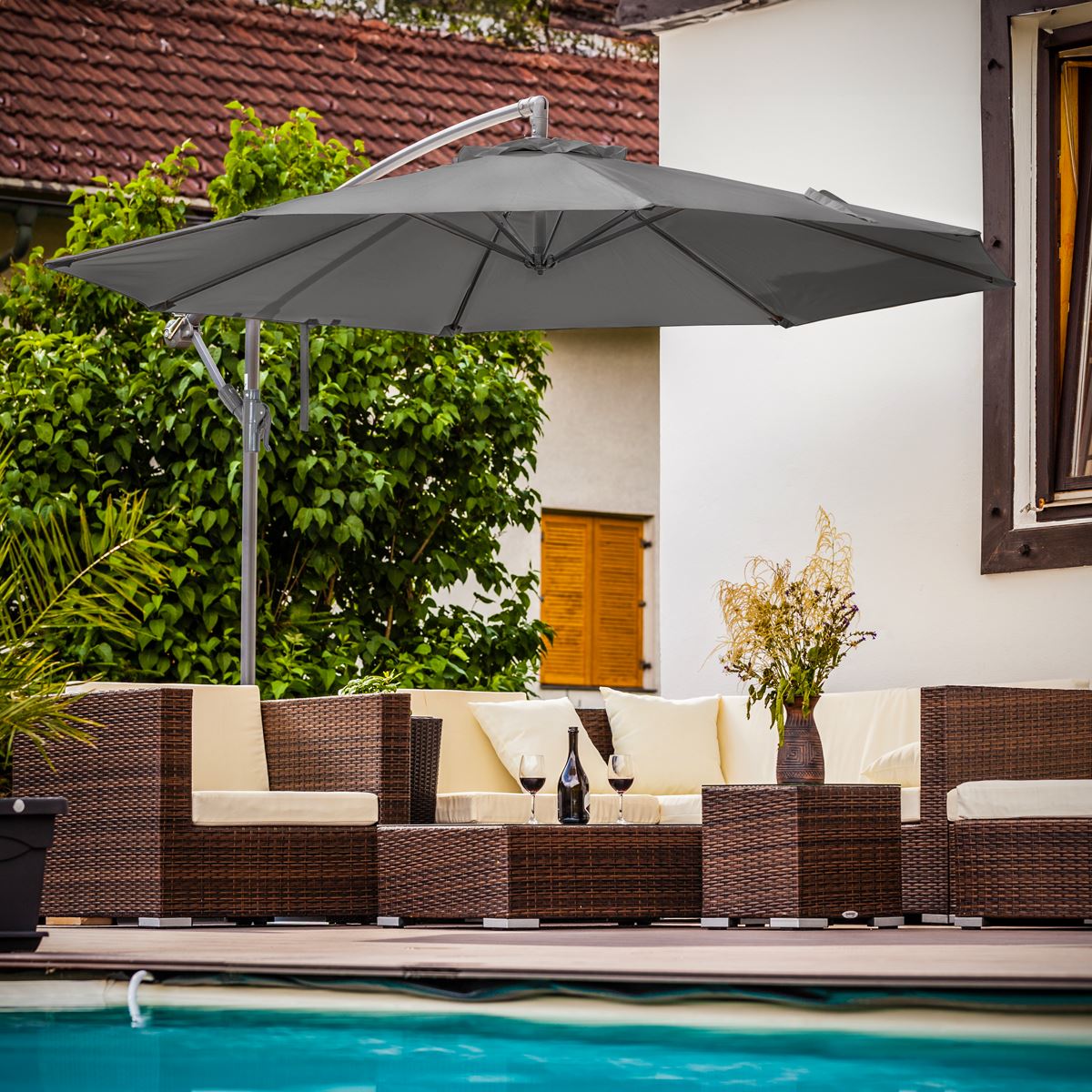 Dellonda 3m Banana Parasol Umbrella Garden Patio With Crank Handle Grey DG264