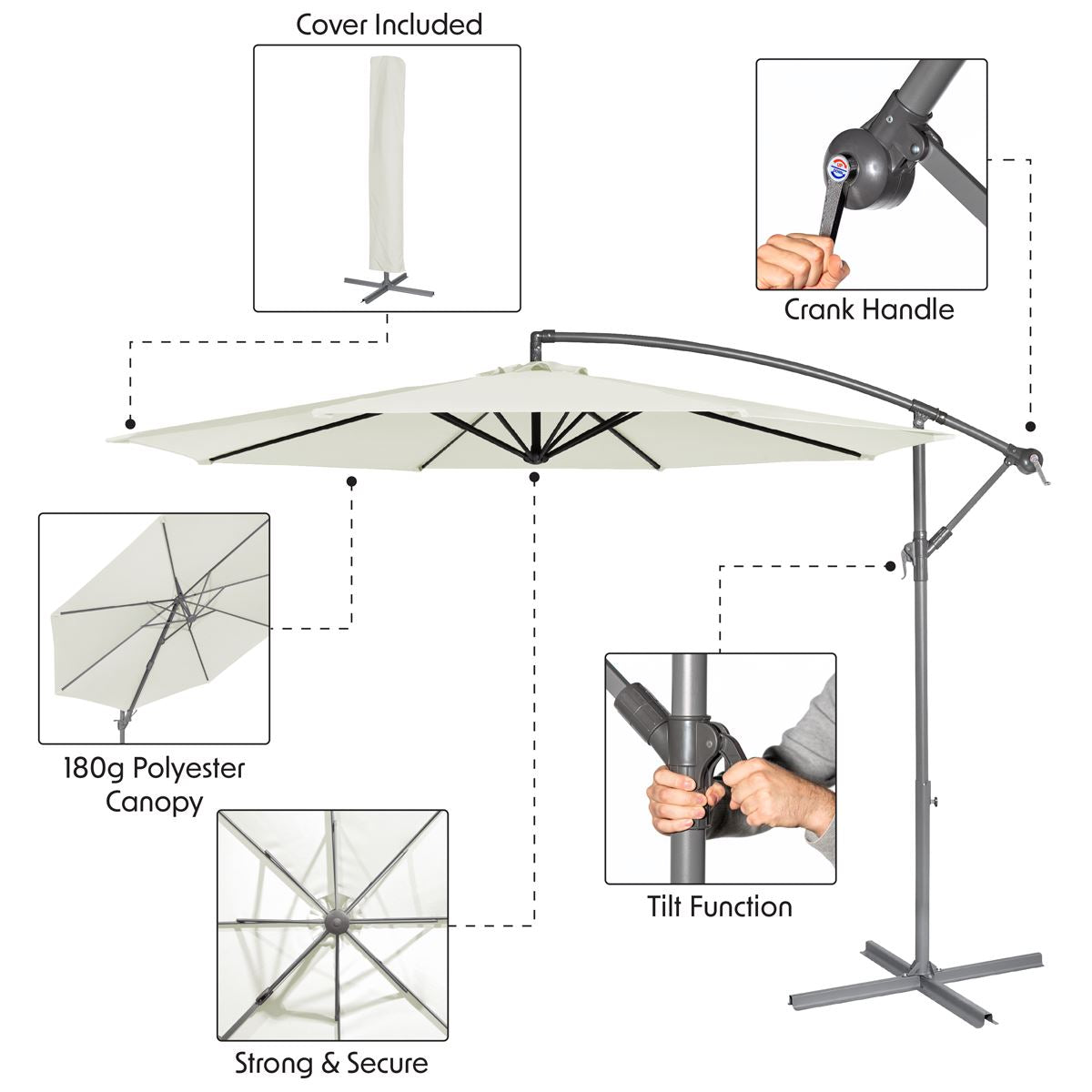 Dellonda 3m Banana Parasol Umbrella Garden Patio With Crank Handle Cream DG265