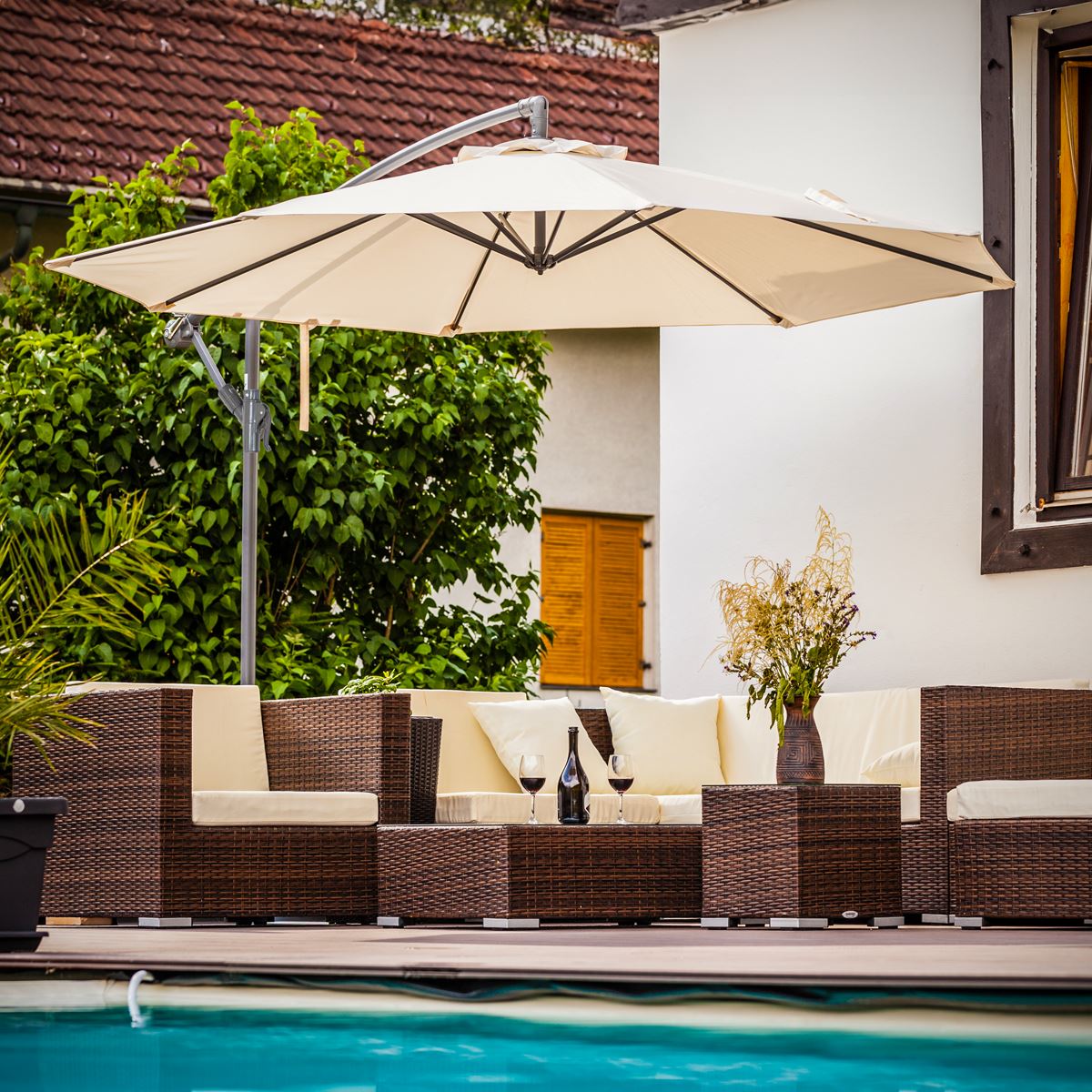 Dellonda 3m Banana Parasol Umbrella Garden Patio With Crank Handle Cream DG265