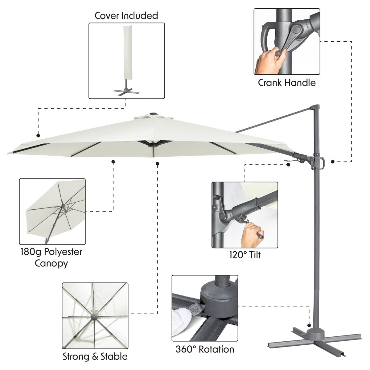 Dellonda 3m Garden Patio Cantilever Parasol Umbrella 360 Rotation Cream DG268
