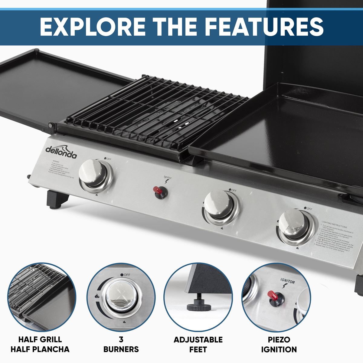 Sealey Dellonda 3 Burner Stainless Steel Portable Gas Plancha Grill 8.5kW DG276
