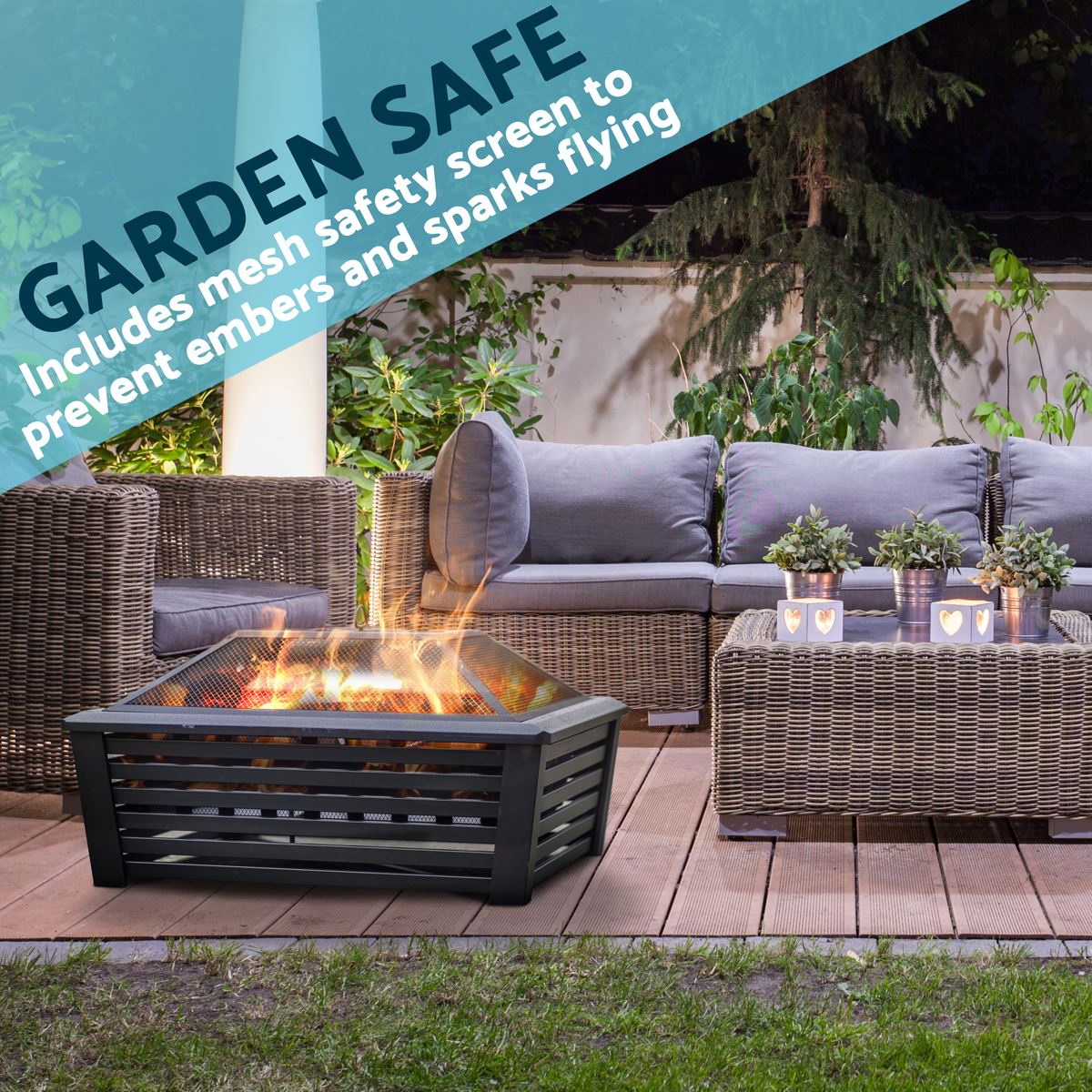 Sealey Dellonda 35" Square Outdoor Fire Pit, Black DG43