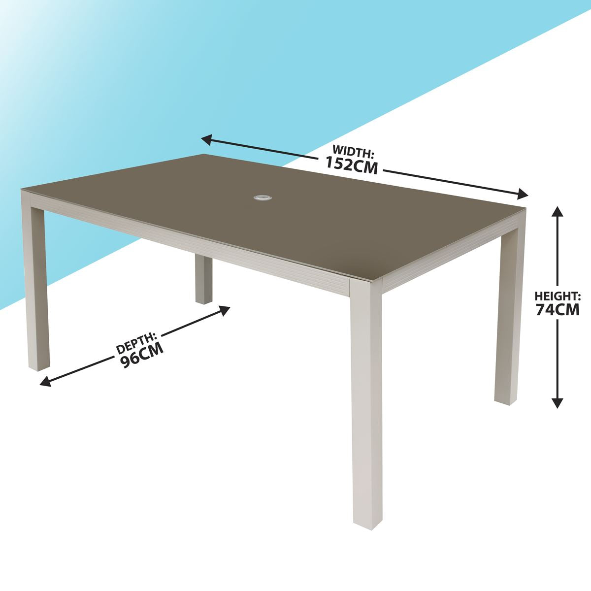 Dellonda Aluminium Glass Garden Dining Table Parasol Hole Light Grey DG51