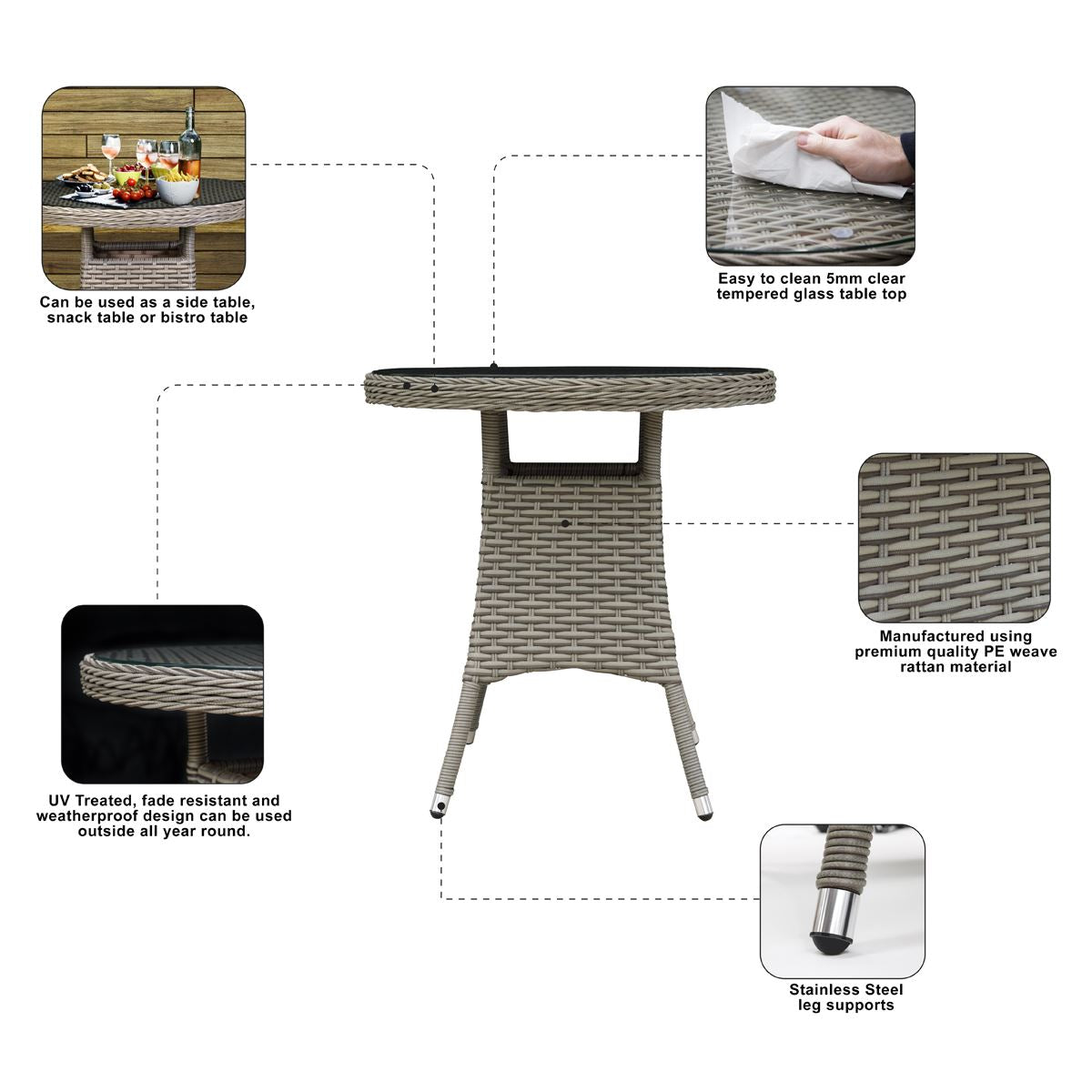 Dellonda Chester Rattan Wicker Outdoor Bistro Table Tempered Glass Brown DG65