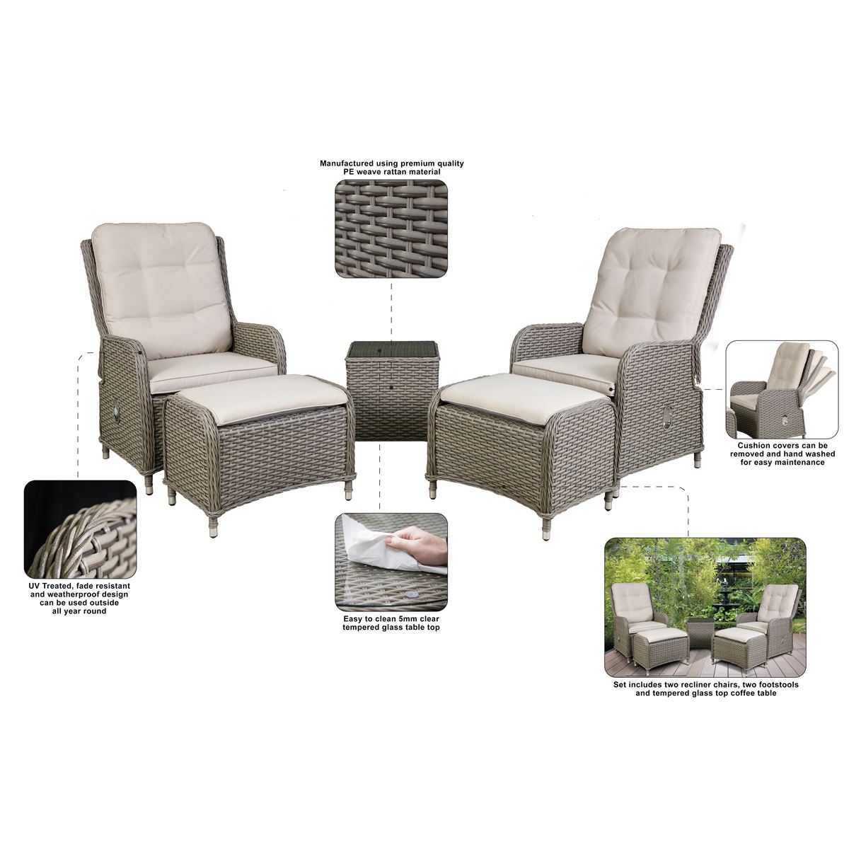 Dellonda Chester Rattan Wicker Outdoor Recliner Seat Coffee Table Brown DG68