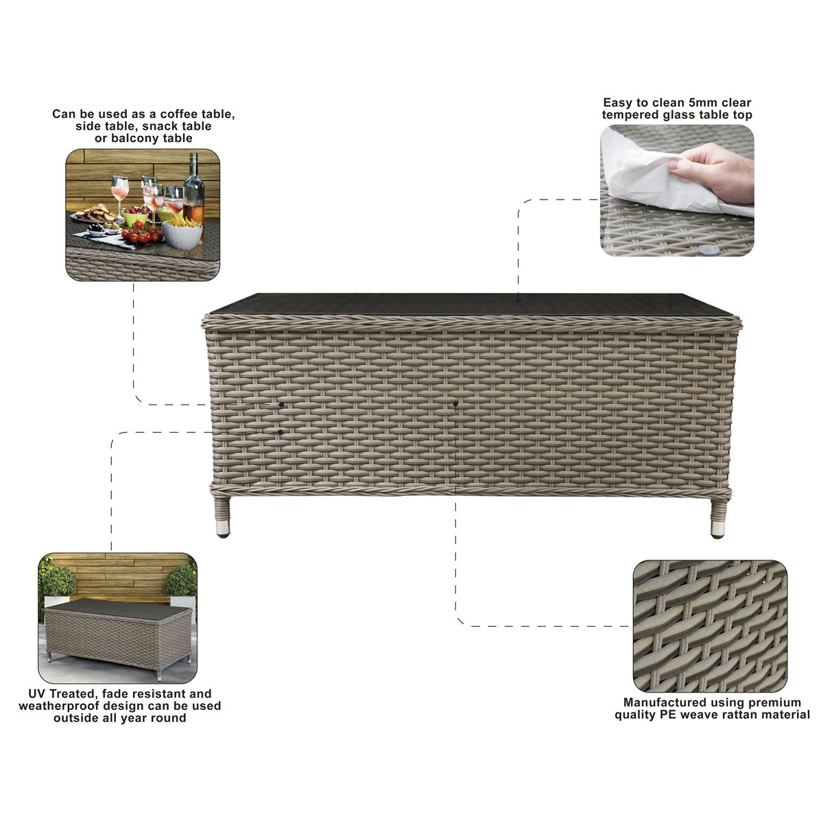Dellonda Chester Rattan Wicker Outdoor Coffee Table Tempered Glass Brown DG71