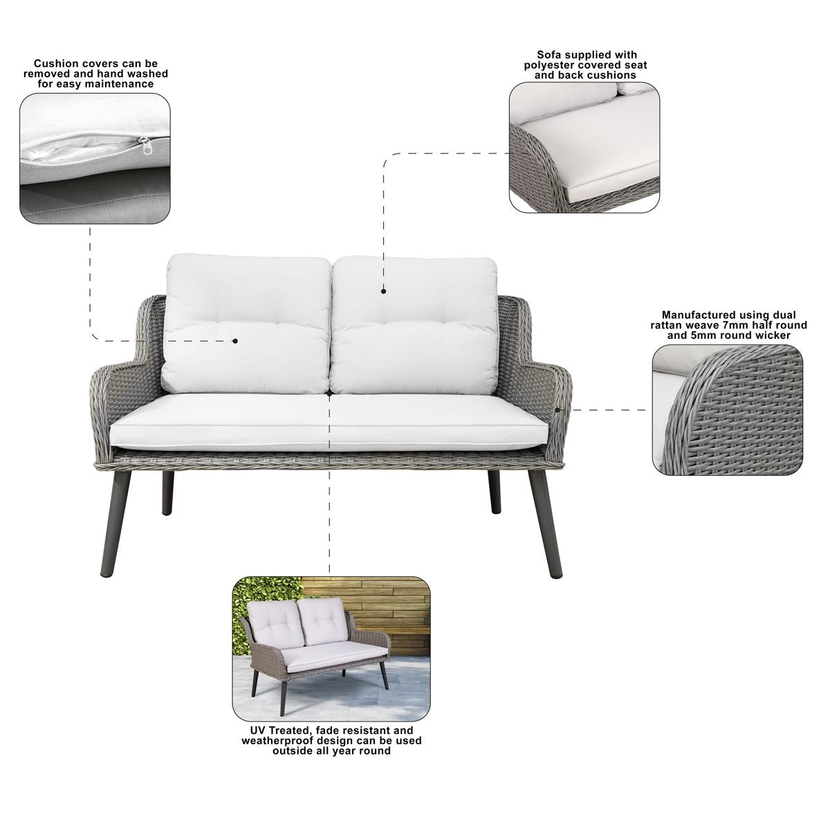 Dellonda Buxton Rattan Wicker Outdoor Lounge 2-Seater Sofa Cushions Grey DG80