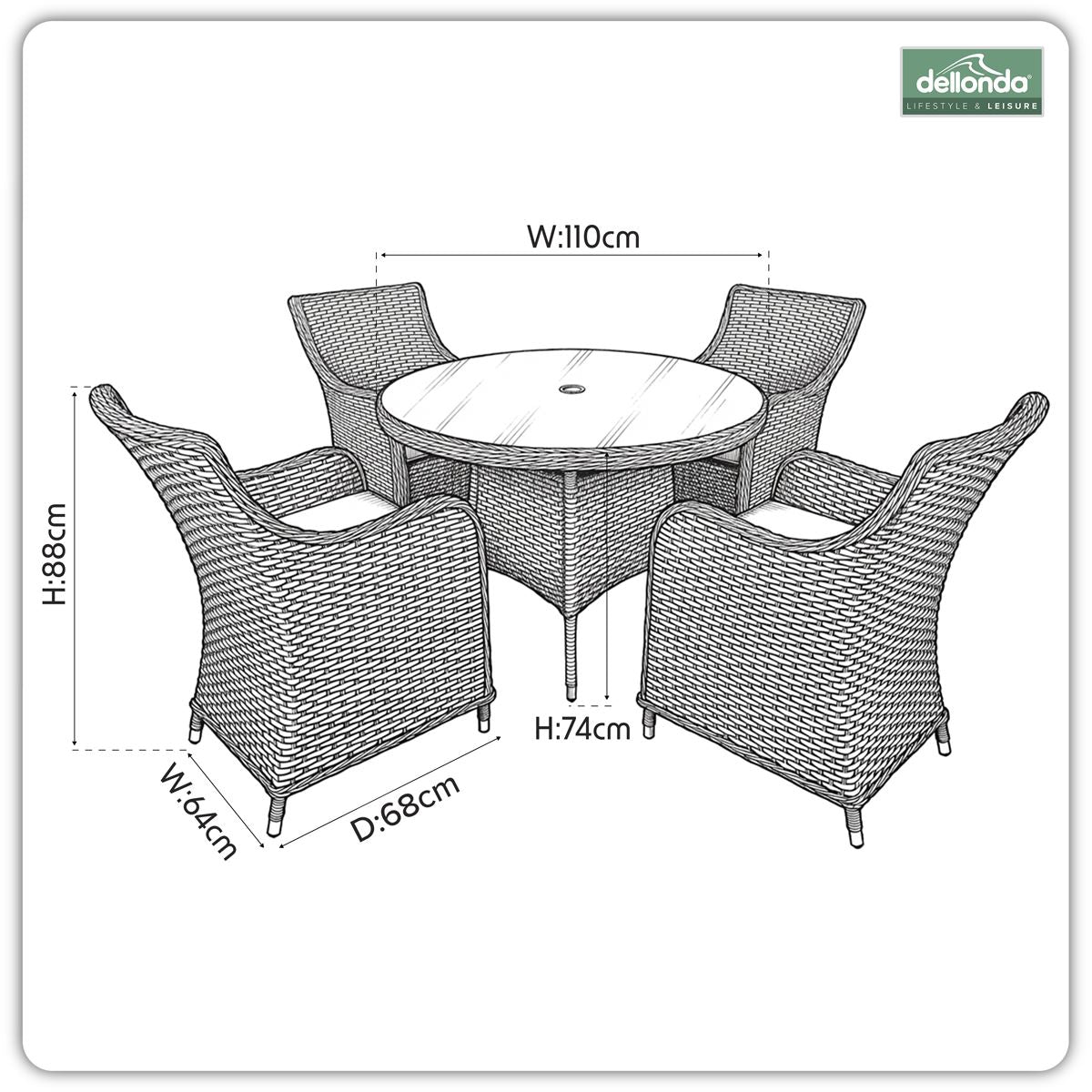 Sealey Dellonda Chester Rattan Wicker Outdoor Dining Set with Tempered Glass Tabletop 5pc DG84