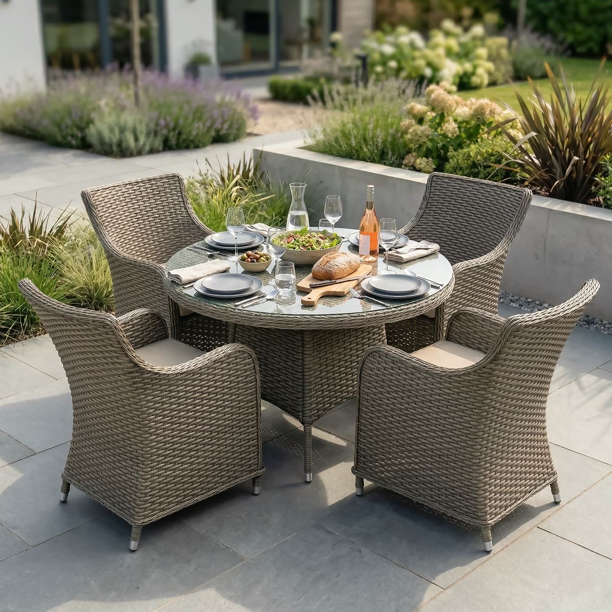 Sealey Dellonda Chester Rattan Wicker Outdoor Dining Set with Tempered Glass Tabletop 5pc DG84