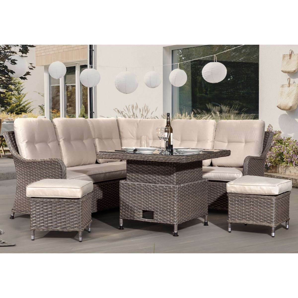 Sealey Dellonda Chester Rattan Wicker Outdoor 5-Seater Corner Sofa, Adjustable Table & Footstools Set 5pc DG89