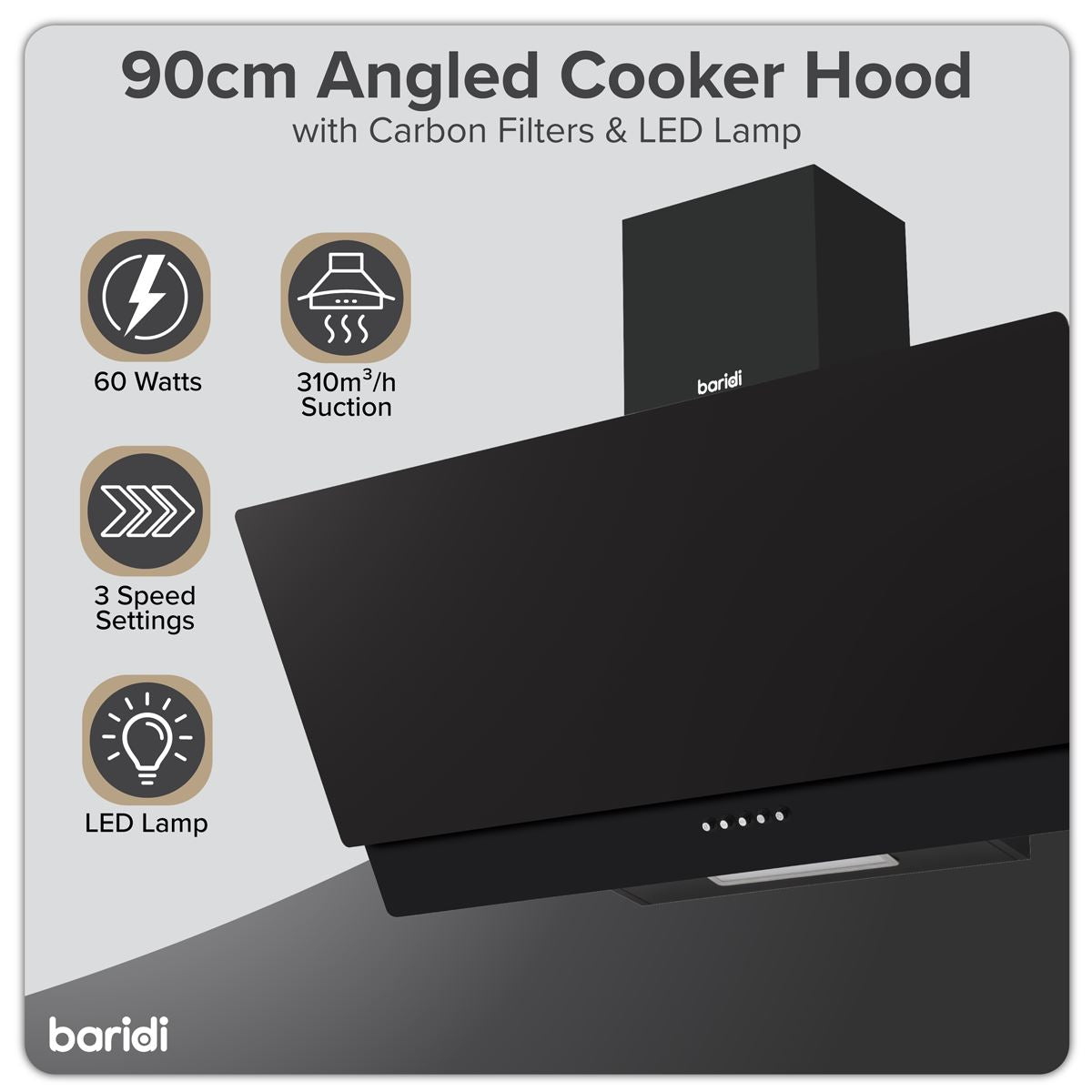 Sealey Baridi Angled Chimney Cooker Hood LED Lamp 90cm Black Glass DH106