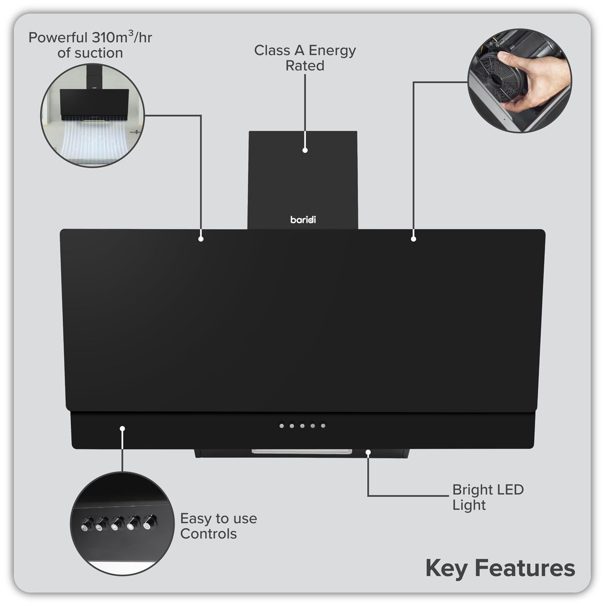 Sealey Baridi Angled Chimney Cooker Hood LED Lamp 90cm Black Glass DH106