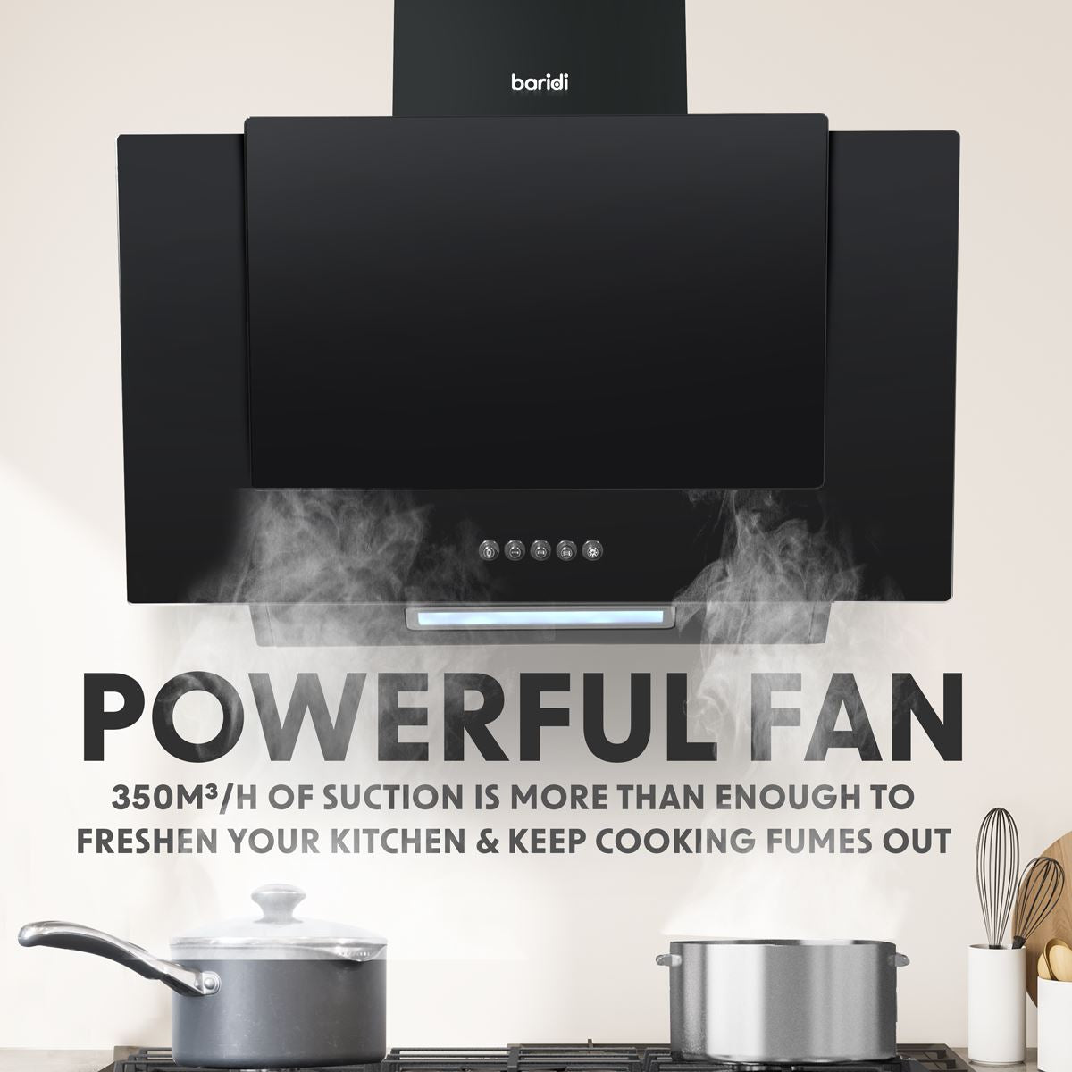 Baridi 60cm Angled Chimney Cooker Hood Carbon Filter LED Lamp Black Glass DH129