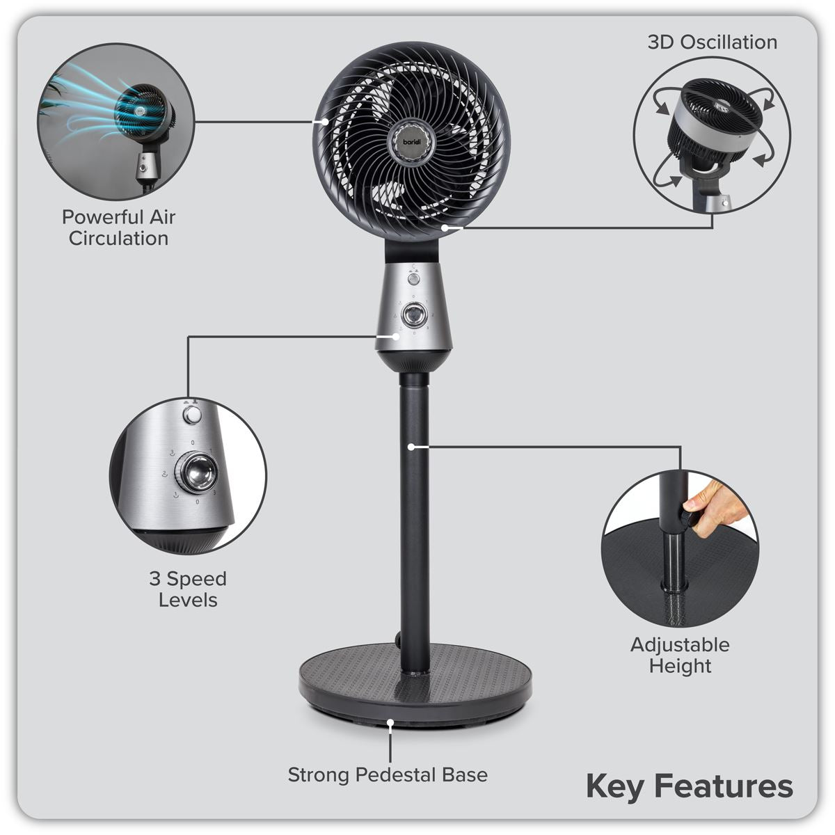 Sealey Baridi Pedestal Fan with Manual Control 10" - Grey DH142