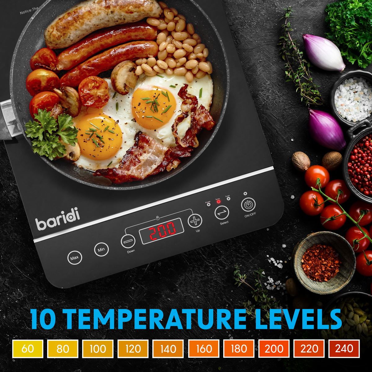 Baridi Induction Hob Single Zone 13A Plug 10 Settings 200W-2000W Black DH145