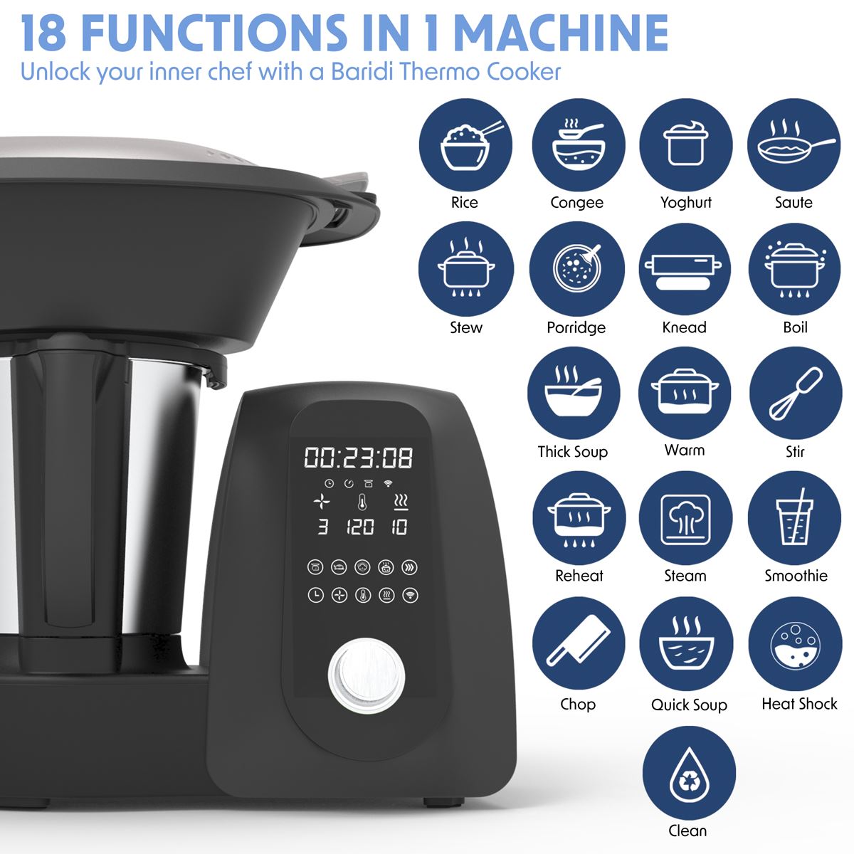 Baridi All in One Thermo Cooker 18 Preset Functions App Guided Recipes BK DH163