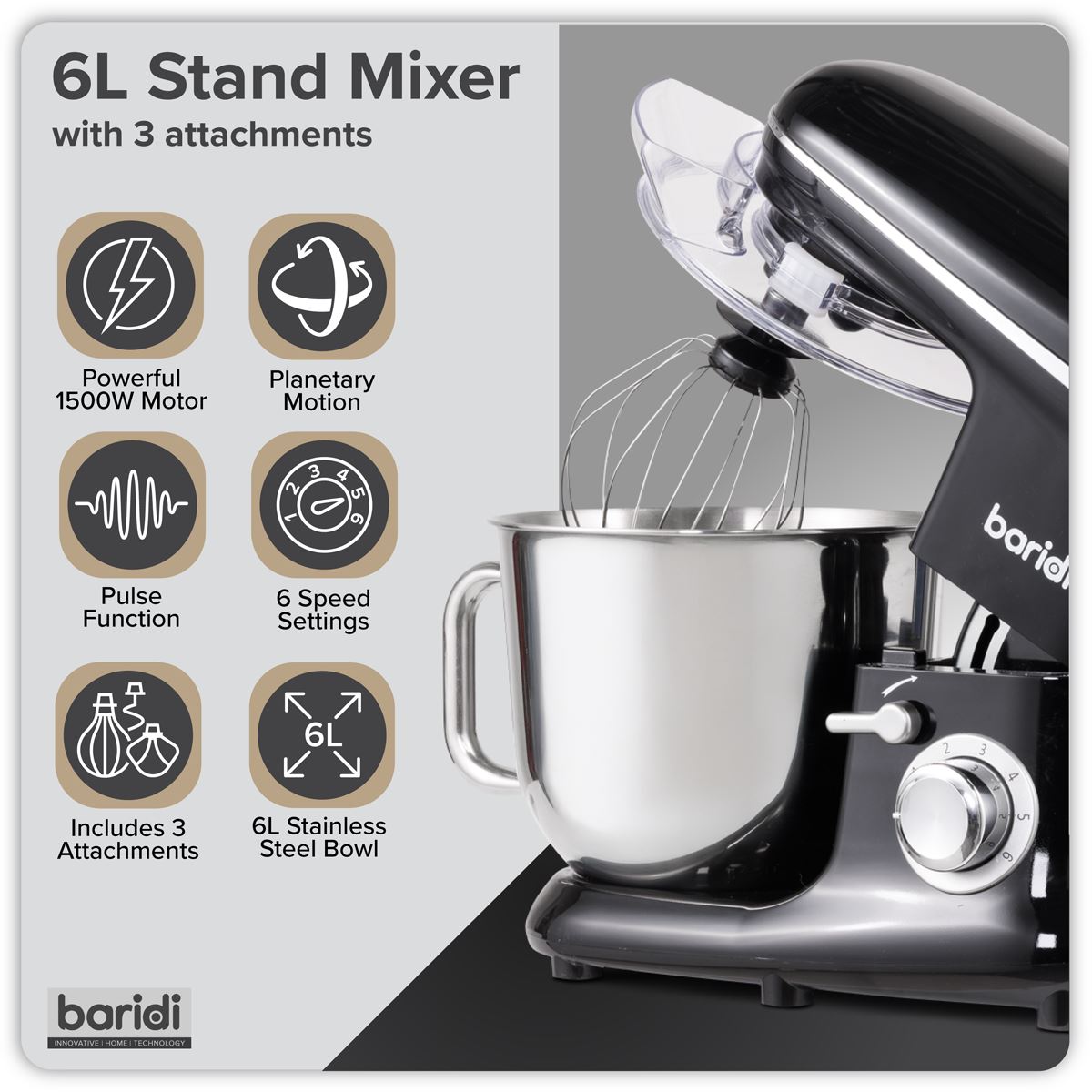Sealey Baridi 1500W Stand Food Mixer with Accessories 6L Black 230V -50Hz DH173