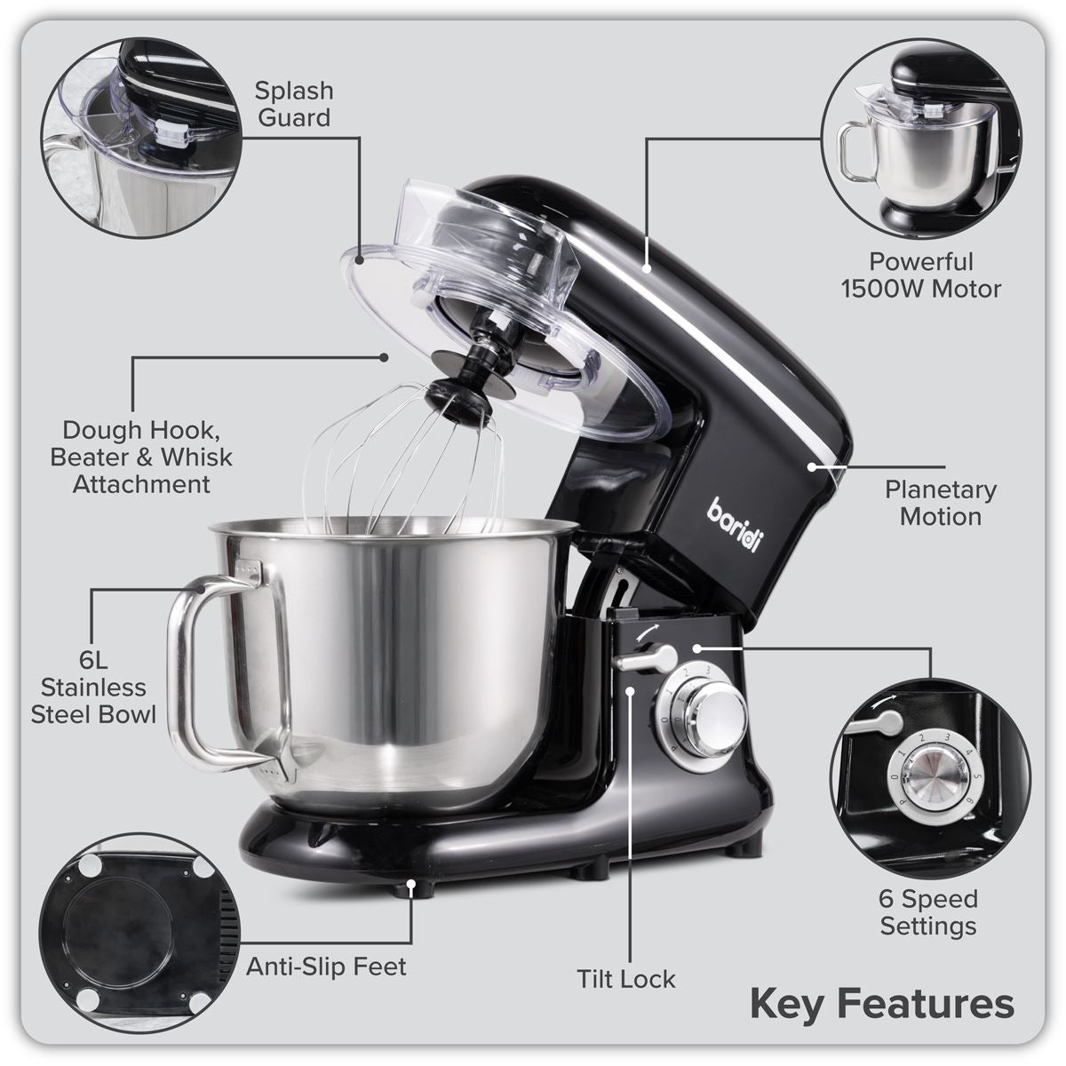 Sealey Baridi 1500W Stand Food Mixer with Accessories 6L Black 230V -50Hz DH173