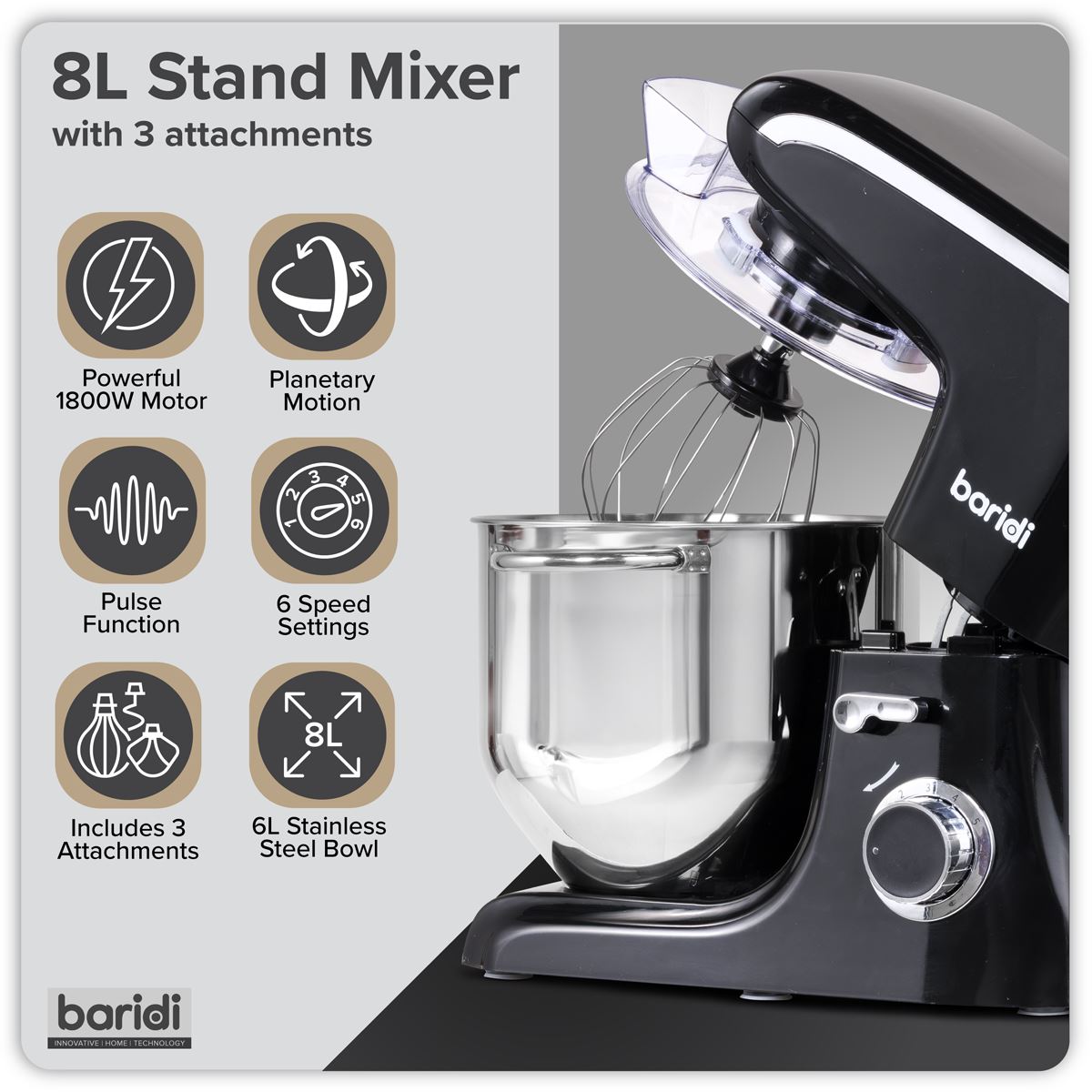 Sealey Baridi 1800W Stand Food Mixer with Accessories 8L Black DH174