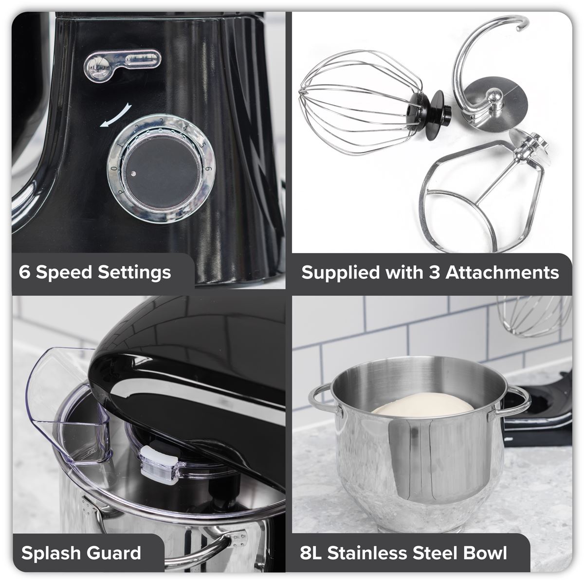 Sealey Baridi 1800W Stand Food Mixer with Accessories 8L Black DH174