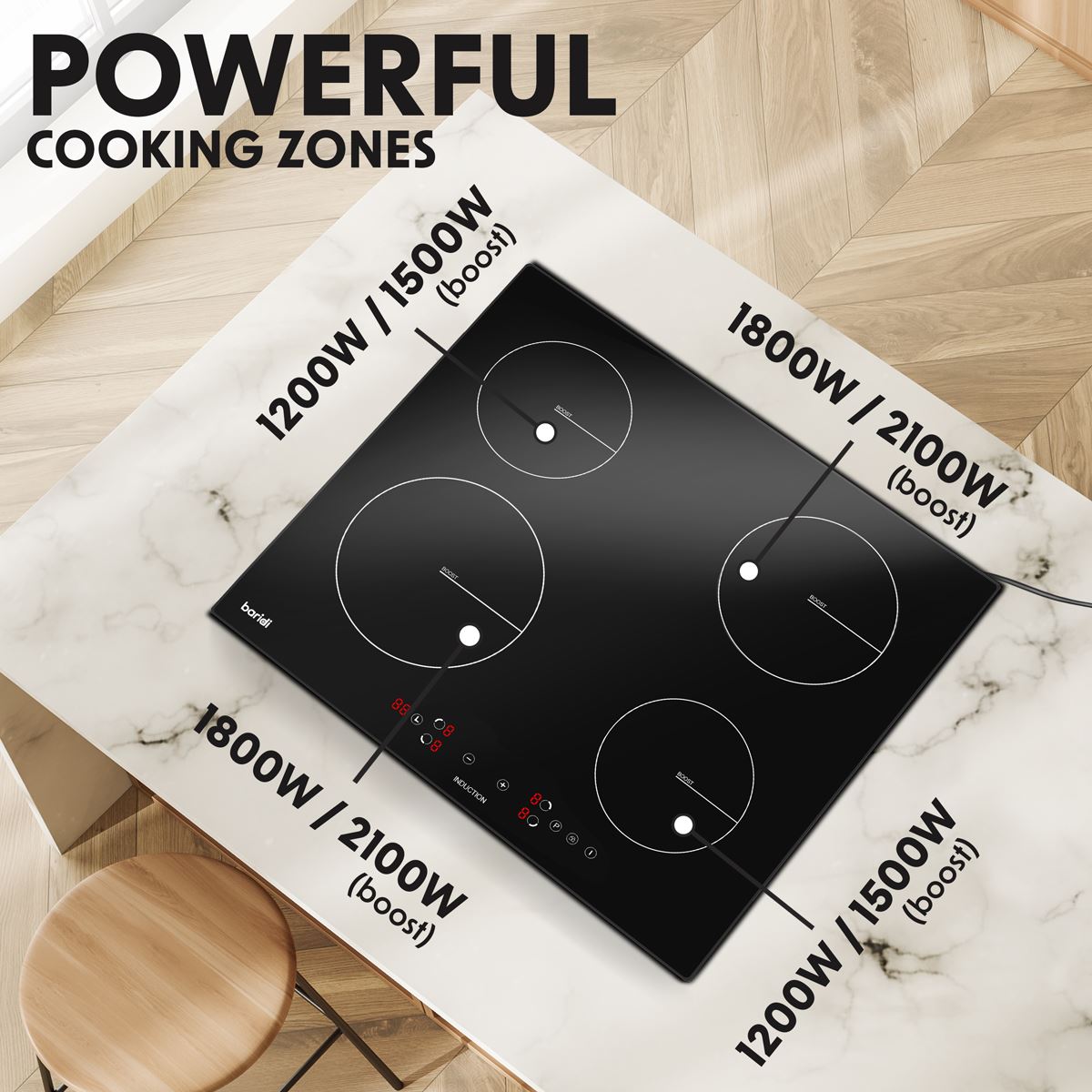 Sealey Baridi 60cm Built-In Induction Hob with 4 Cooking Zones, 2800W, Boost Function, 9 Power Levels, Touch Control, Timer, supplied with 13A Plug DH177