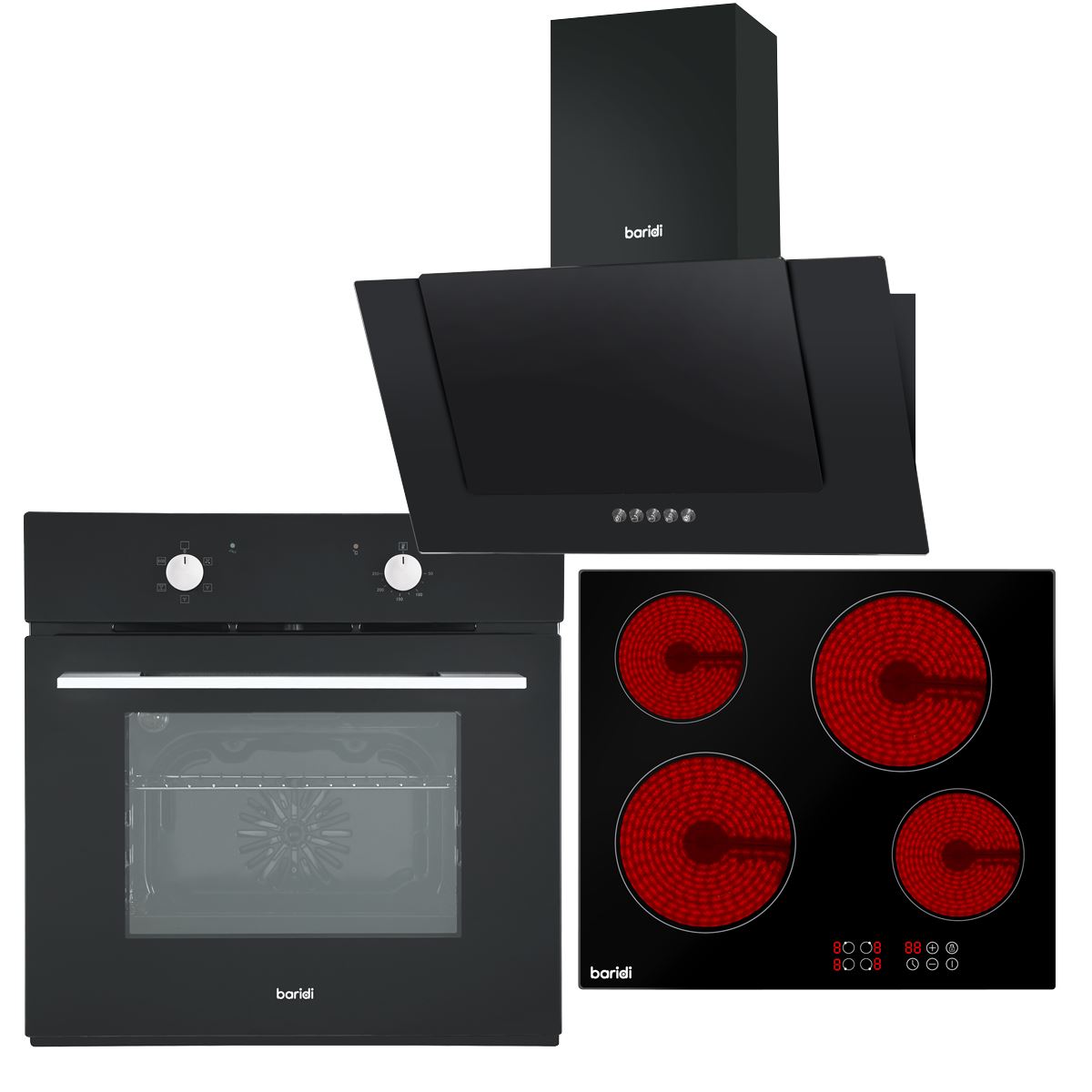 Sealey Baridi Integrated Ceramic Hob with 4 Cooking Zones, Integrated Fan-Assisted Electric Oven & Angled Chimney Cooker Hood with Carbon Filters & LED Lamp DH186