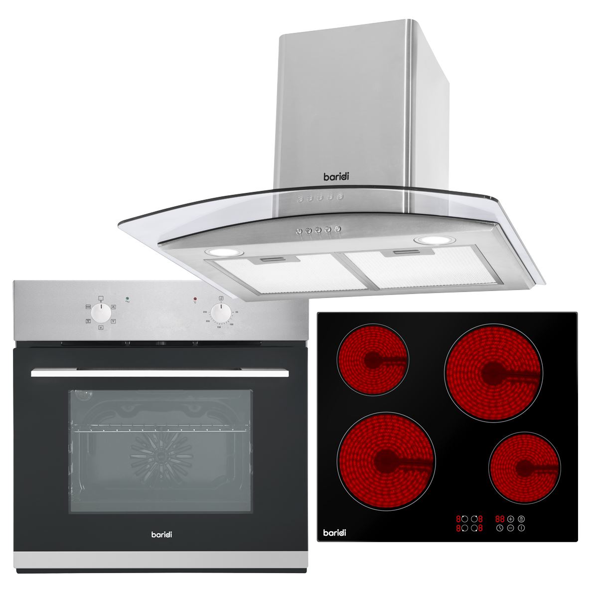 Sealey Baridi Integrated Ceramic Hob with 4 Cooking Zones, Integrated Fan-Assisted Electric Oven & Curved Glass Cooker Hood with Carbon Filters & LED Lights DH187