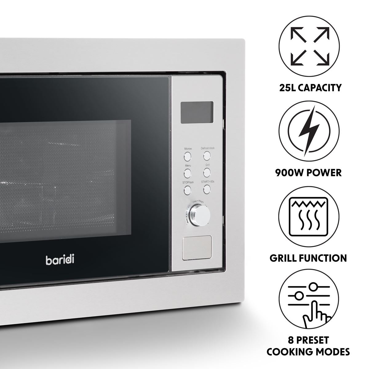 Sealey Baridi 25L Integrated Microwave Oven & Grill 900W Stainless Steel DH197