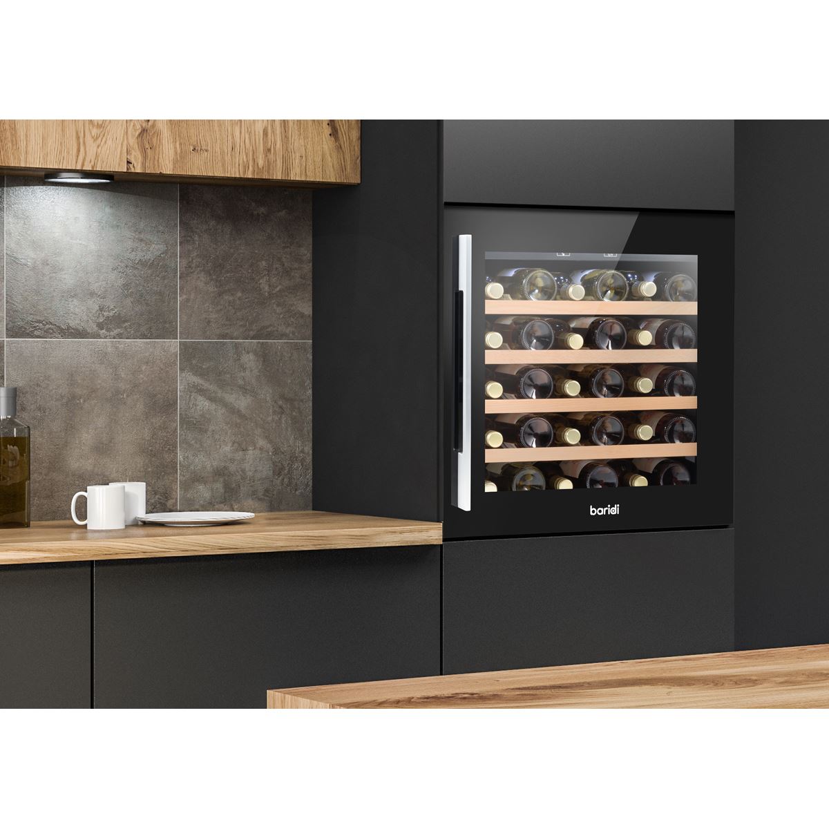 Baridi 60cm Built In 36 Bottle Wine Cooler Beech Wood Shelves Black DH206