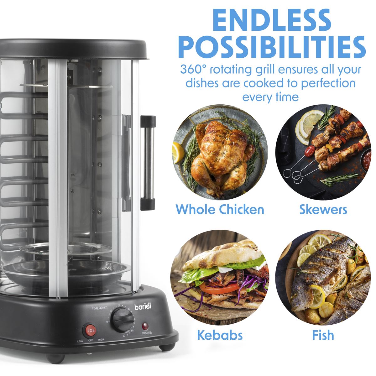 Baridi Rotisserie Grill Kebabs Gyros Skewers Roasts 1500W 21L Black 230V DH216