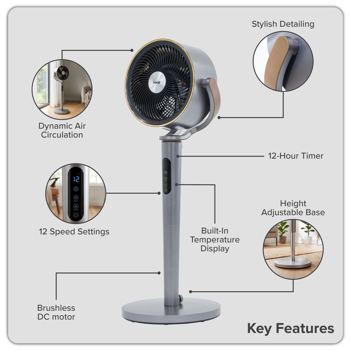 Sealey Baridi 12" Pedestal Fan with Remote Control, Back Light & 12hr Timer - Grey DH264