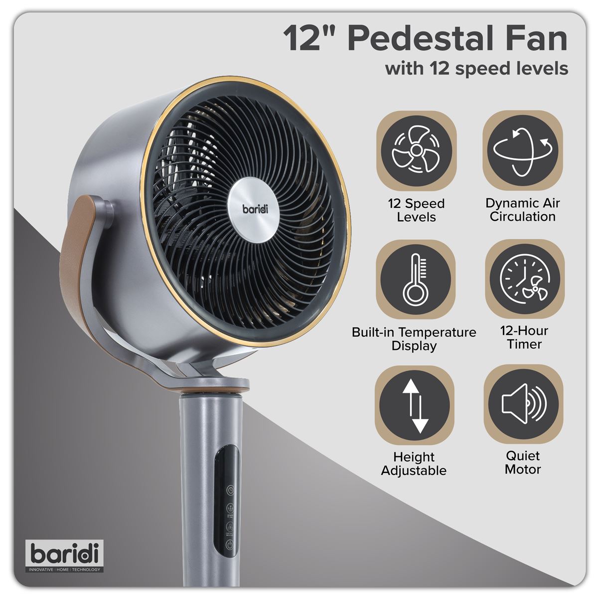 Sealey Baridi 12" Pedestal Fan with Remote Control, Back Light & 12hr Timer - Grey DH264