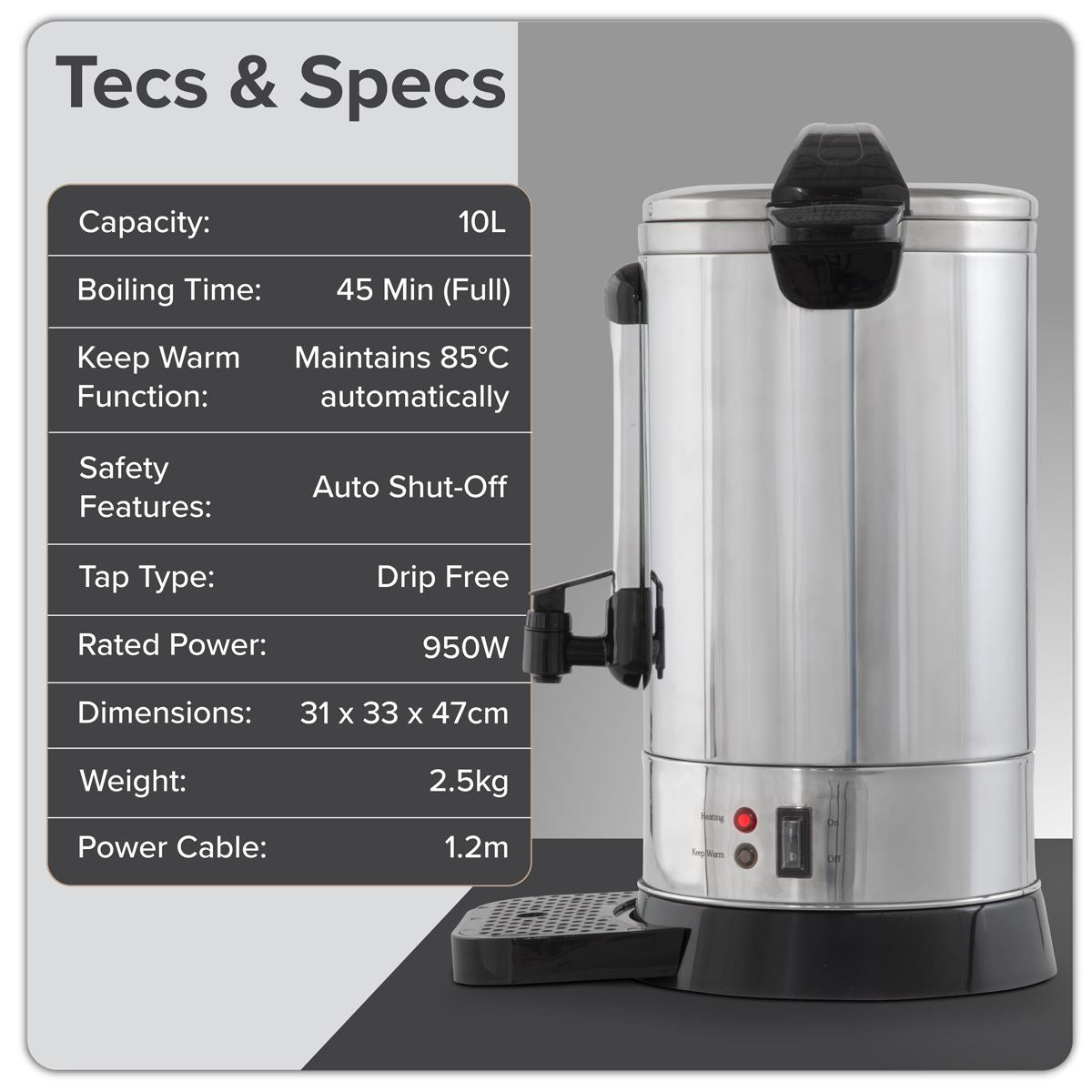 Sealey Baridi Hot Water Boiler Tea Urn 10L Capacity Stainless Steel DH269
