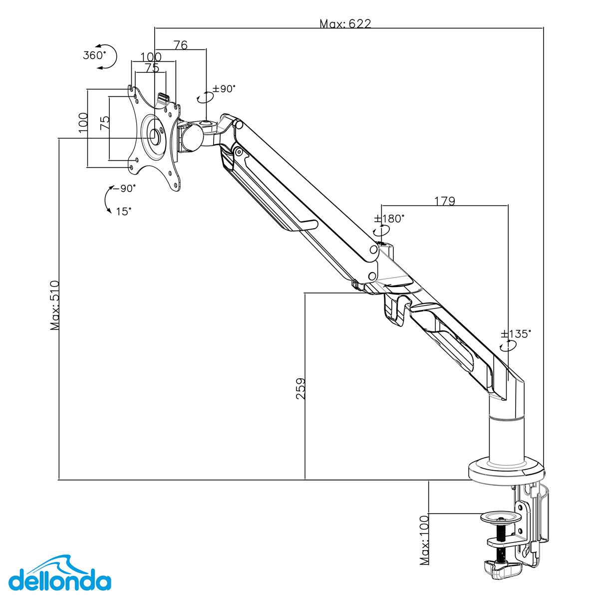 Dellonda Single Monitor Arm 12kg Load Capacity 17-36" Screens White DH26