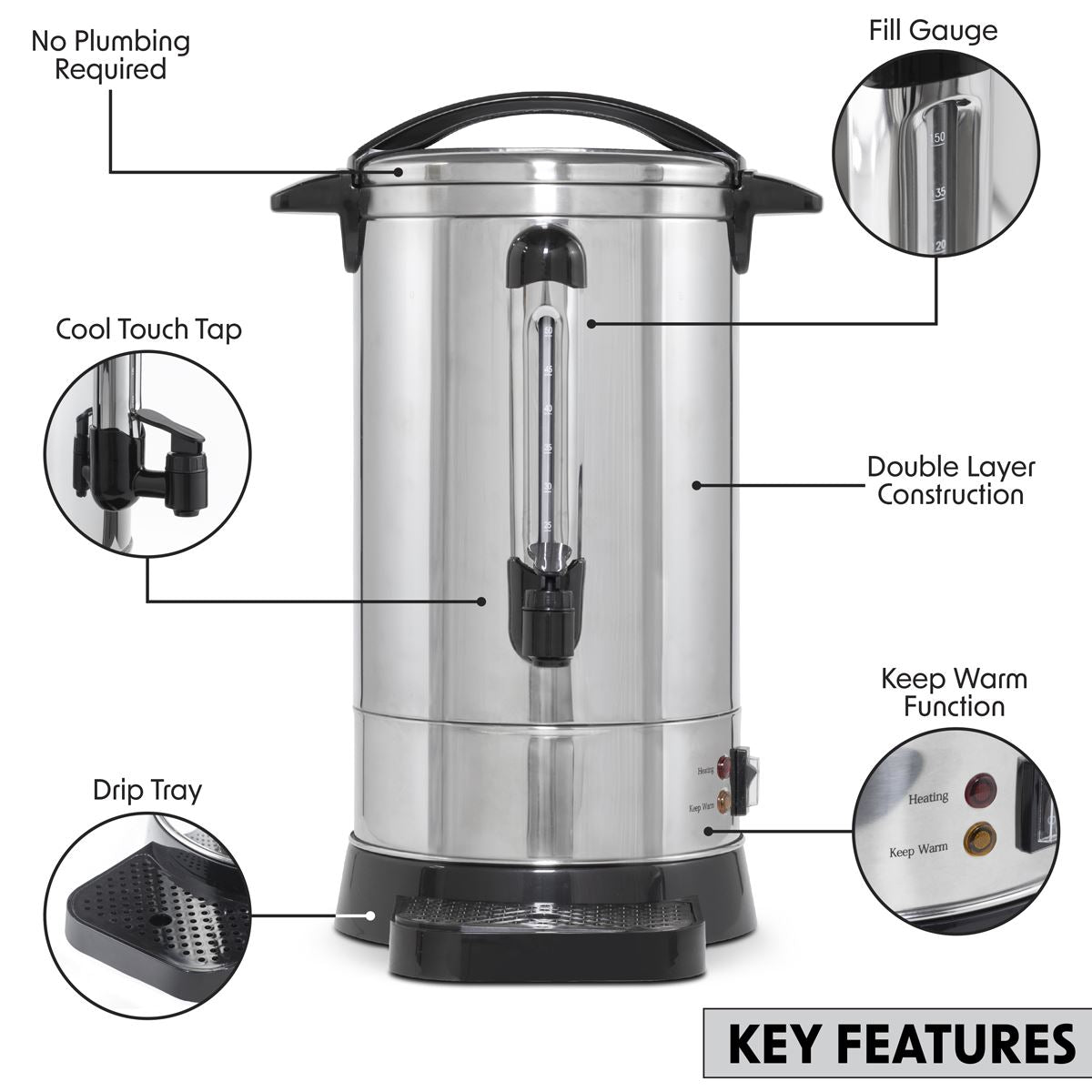 Sealey Baridi Hot Water Boiler, Tea Urn, 20L Capacity, Stainless Steel DH270