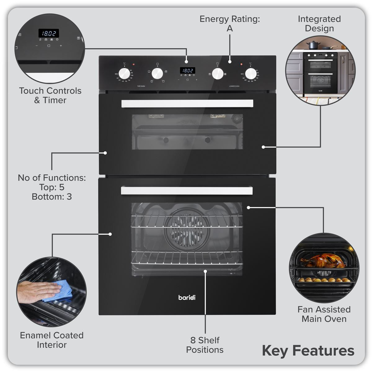 Baridi 72cm Built Under Double Oven 74L Capacity Rating A Black 220-240V DH278