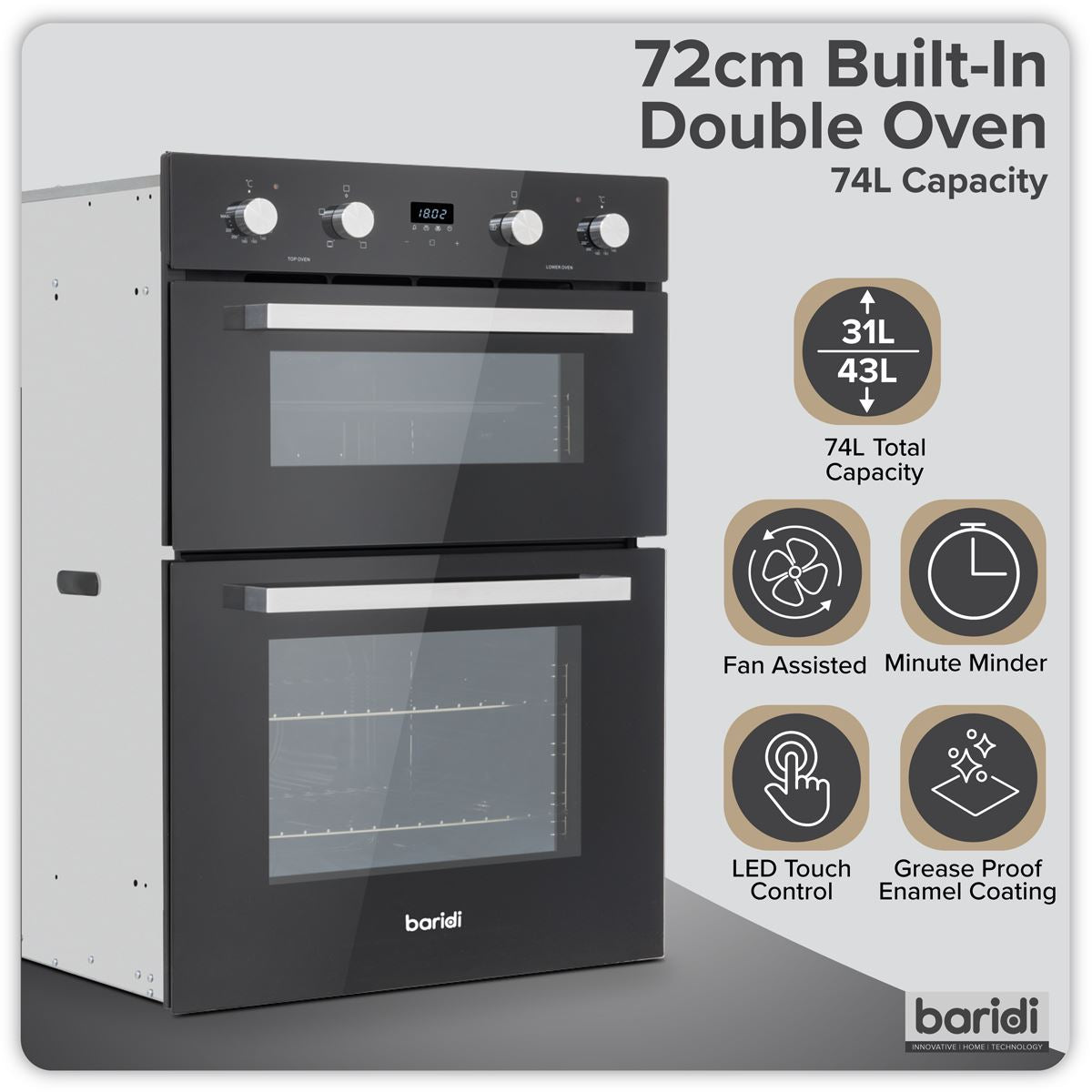 Baridi 72cm Built Under Double Oven 74L Capacity Rating A Black 220-240V DH278