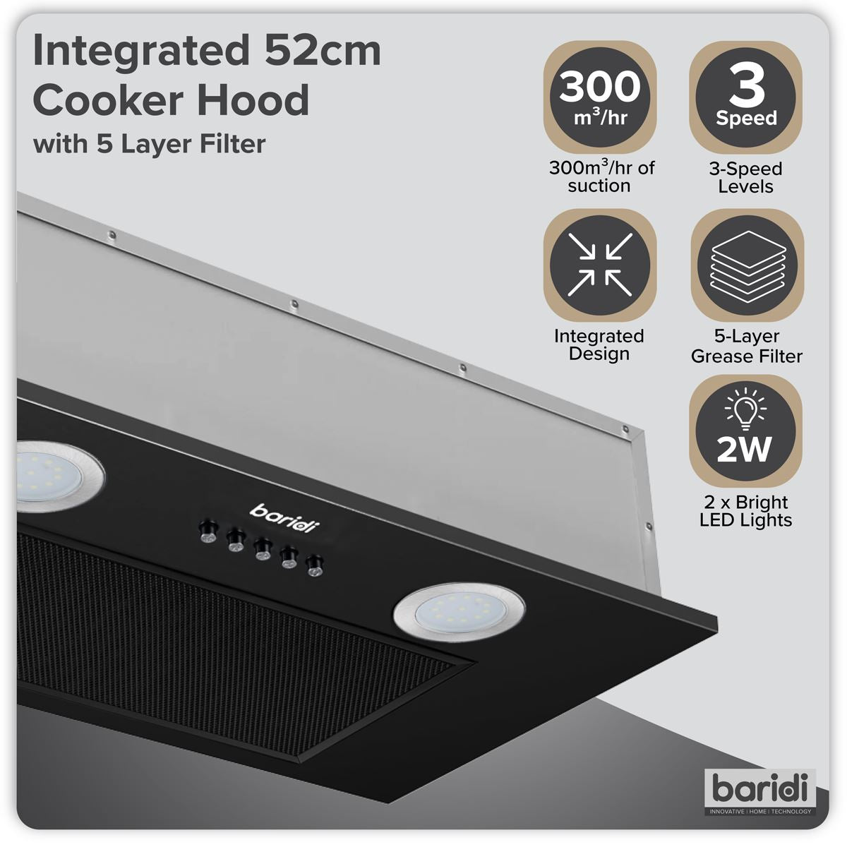 Sealey Baridi Cooker Hood with 5 Layer Filter 52cm Black DH285