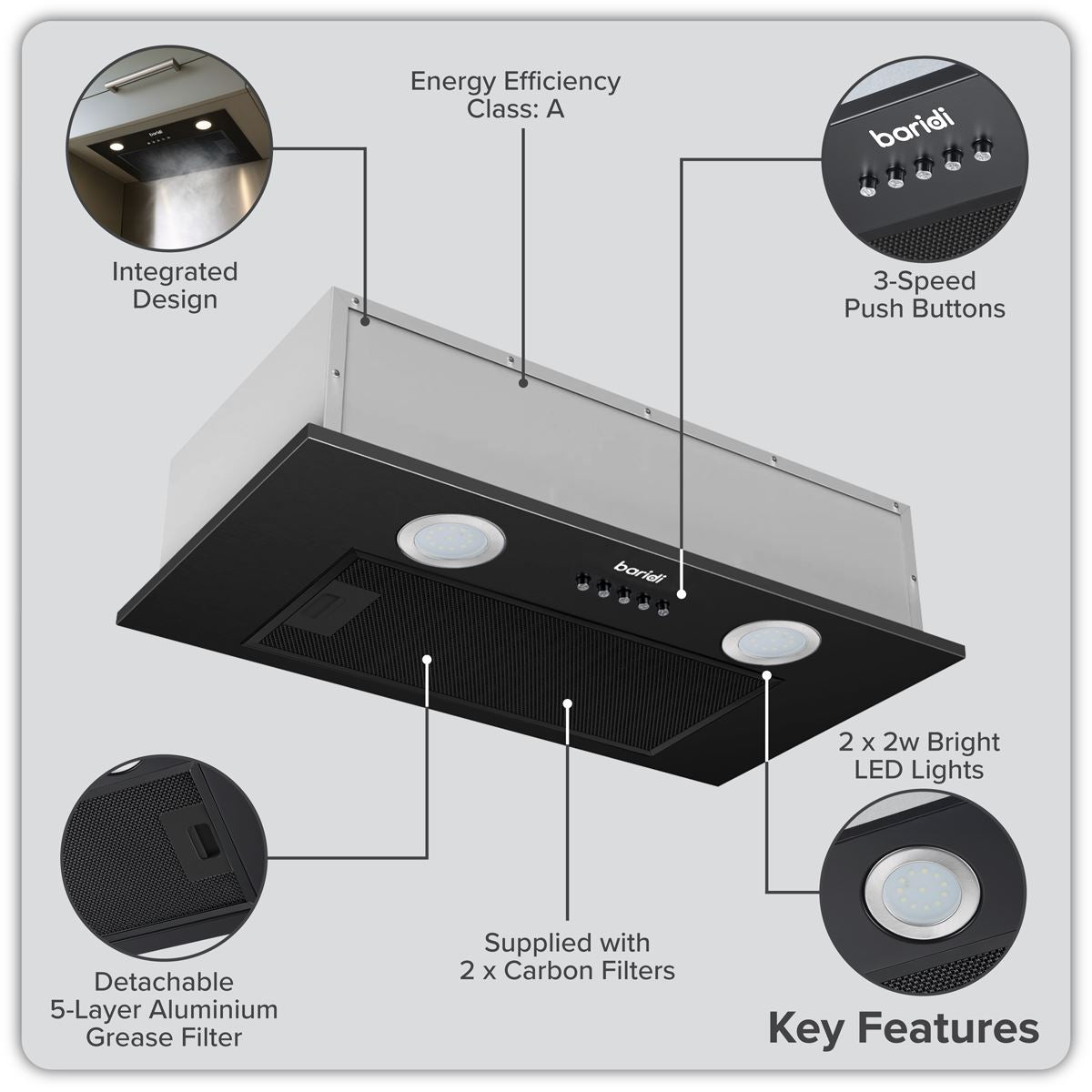 Sealey Baridi Cooker Hood with 5 Layer Filter 52cm Black DH285