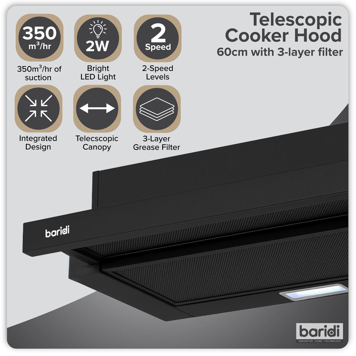 Sealey Baridi Telescopic Cooker Hood with Aluminium Filters 60cm Black DH287