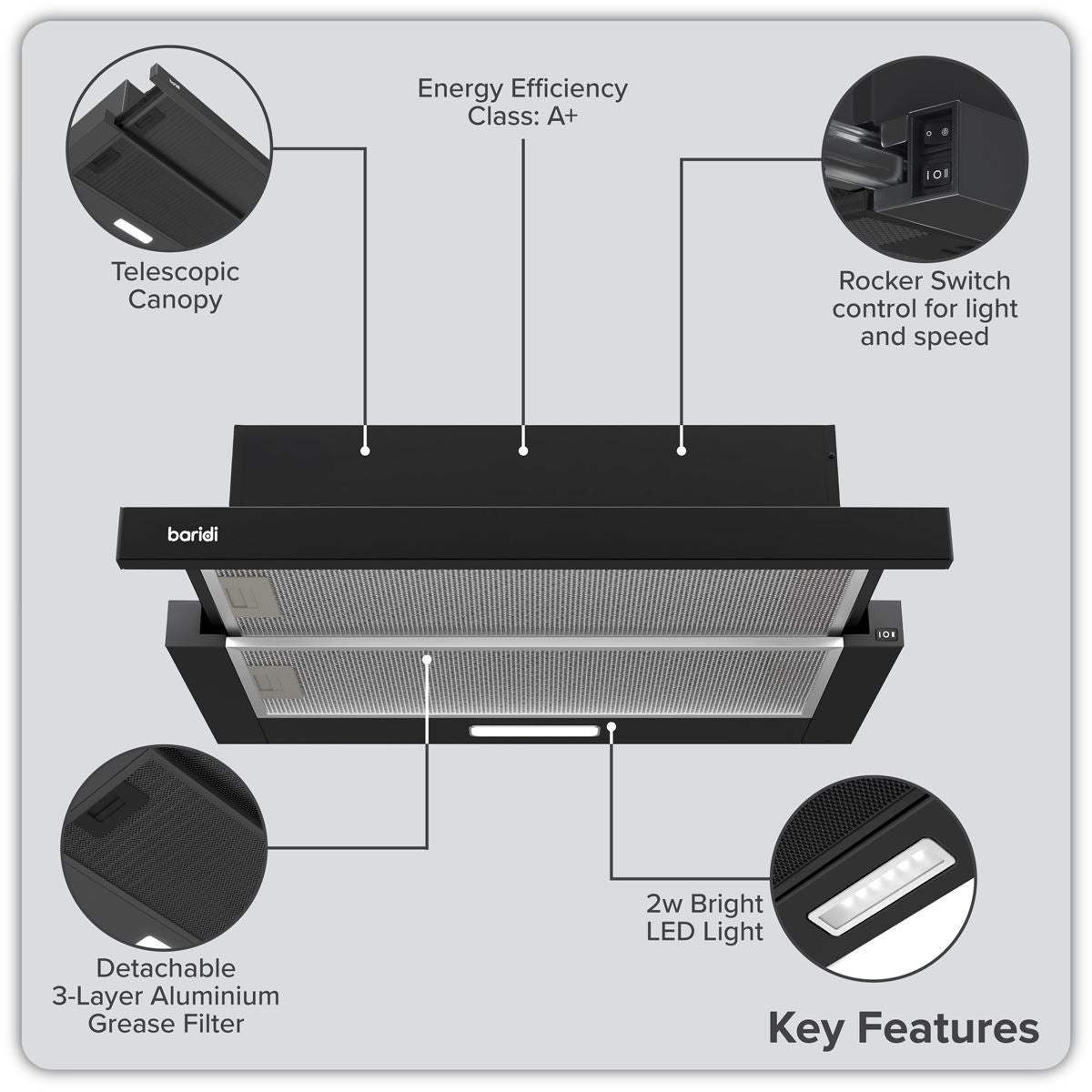 Sealey Baridi Telescopic Cooker Hood with Aluminium Filters 60cm Black DH287