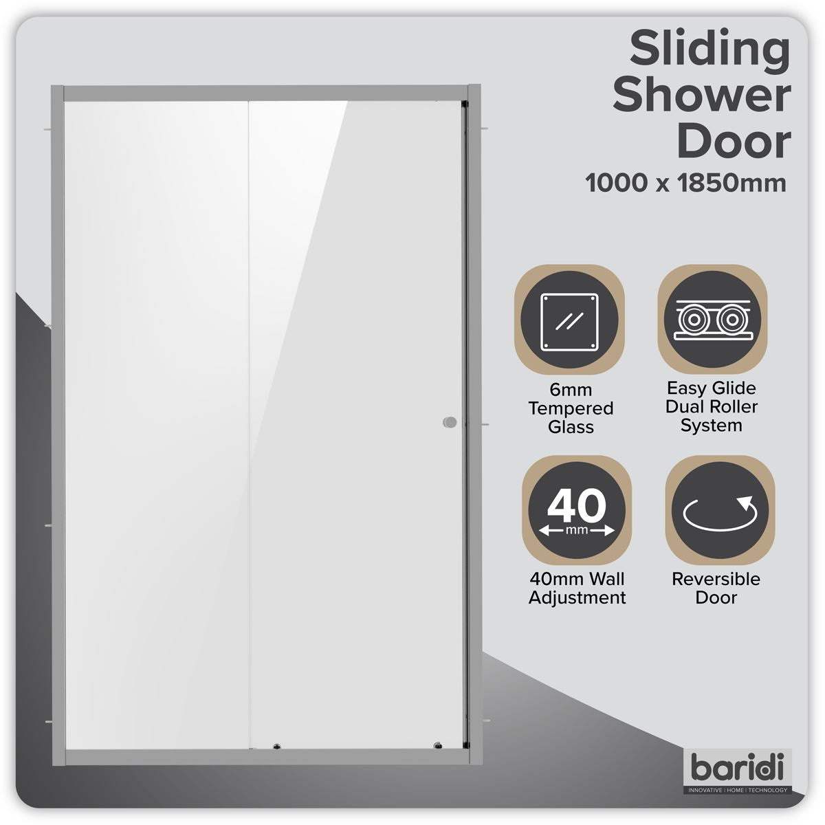 Baridi Sliding Shower Door 1000 x 1850mm 6mm Temp Glass Reversible Chrome DH292