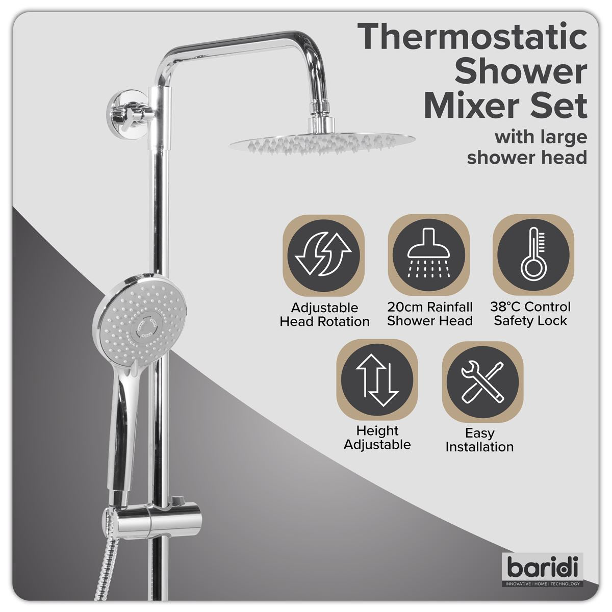 Sealey Thermostatic Shower Mixer Set, 20cm Round Head, Adjustable Rail - Chrome DH314